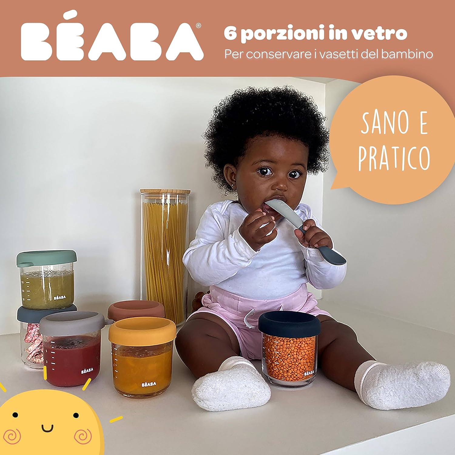 Detalle 2 de BÉABA Set di 6 Vasetti in Vetro da 250 ml per Pappe: graduati, termoresistenti e con coperchi colorati