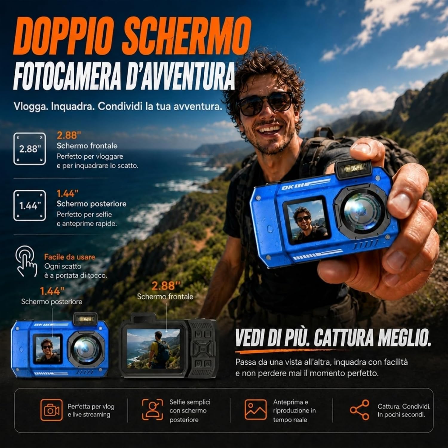 Thumbnail 2 de MaxMango D50 33FT Fotocamera Subacquea: 8K e 70MP con Doppio Schermo, 16GB