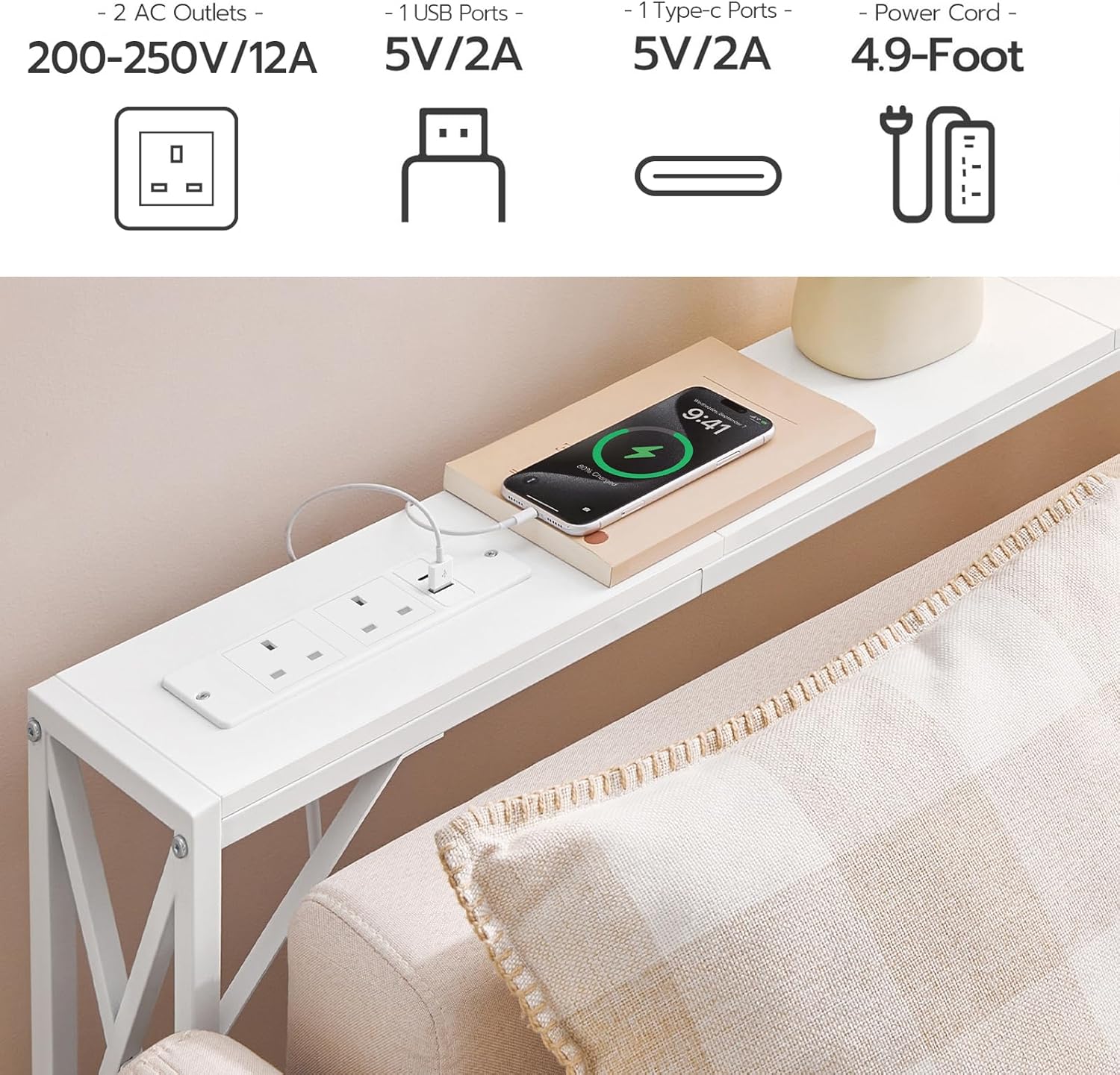 Thumbnail 4 de MAHANCRIS Console Table with Charging Station (100 cm narrow) with USB ports and power outlets, White