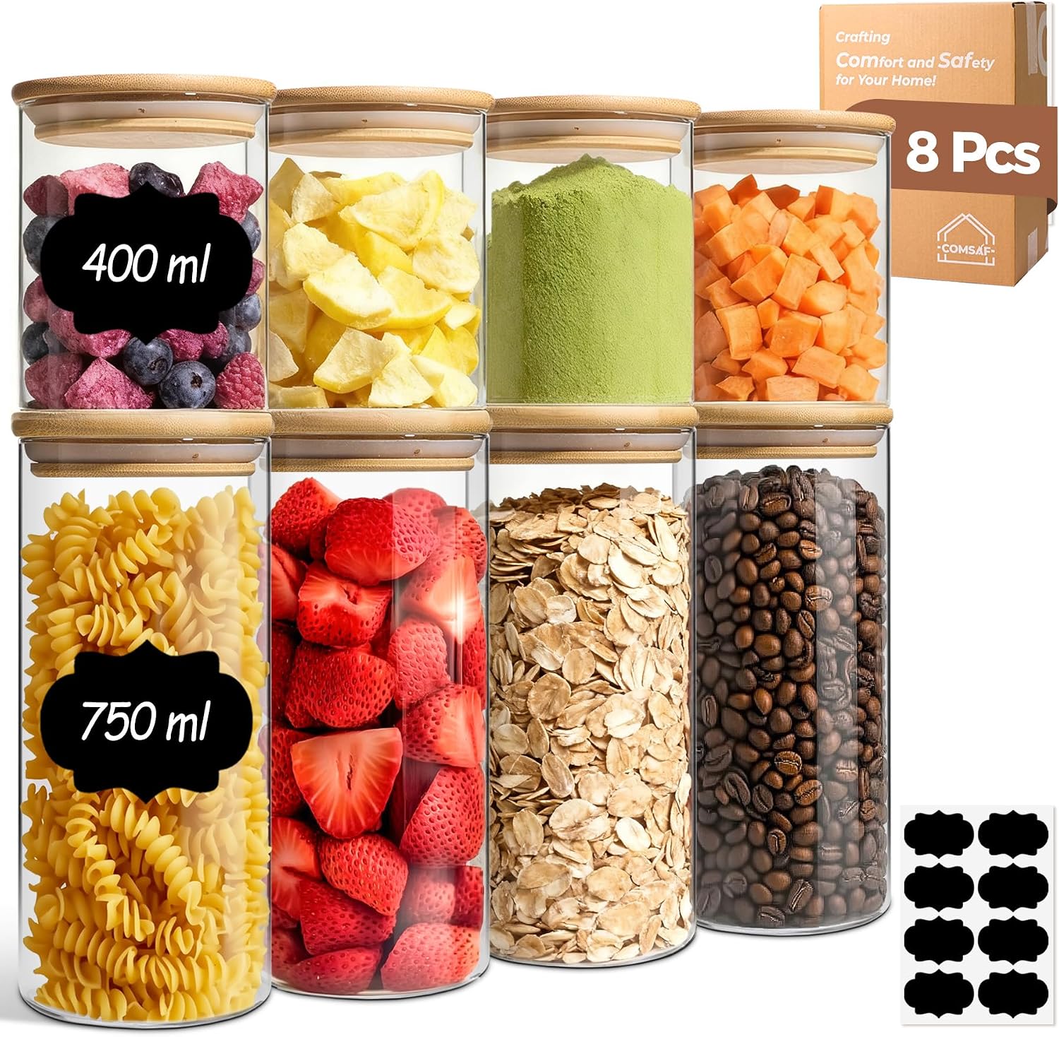 Detalle de ComSaf Glasbehälter mit Deckel 8-teiliges Set (4×400 ml + 4×750 ml) – luftdicht, stapelbar