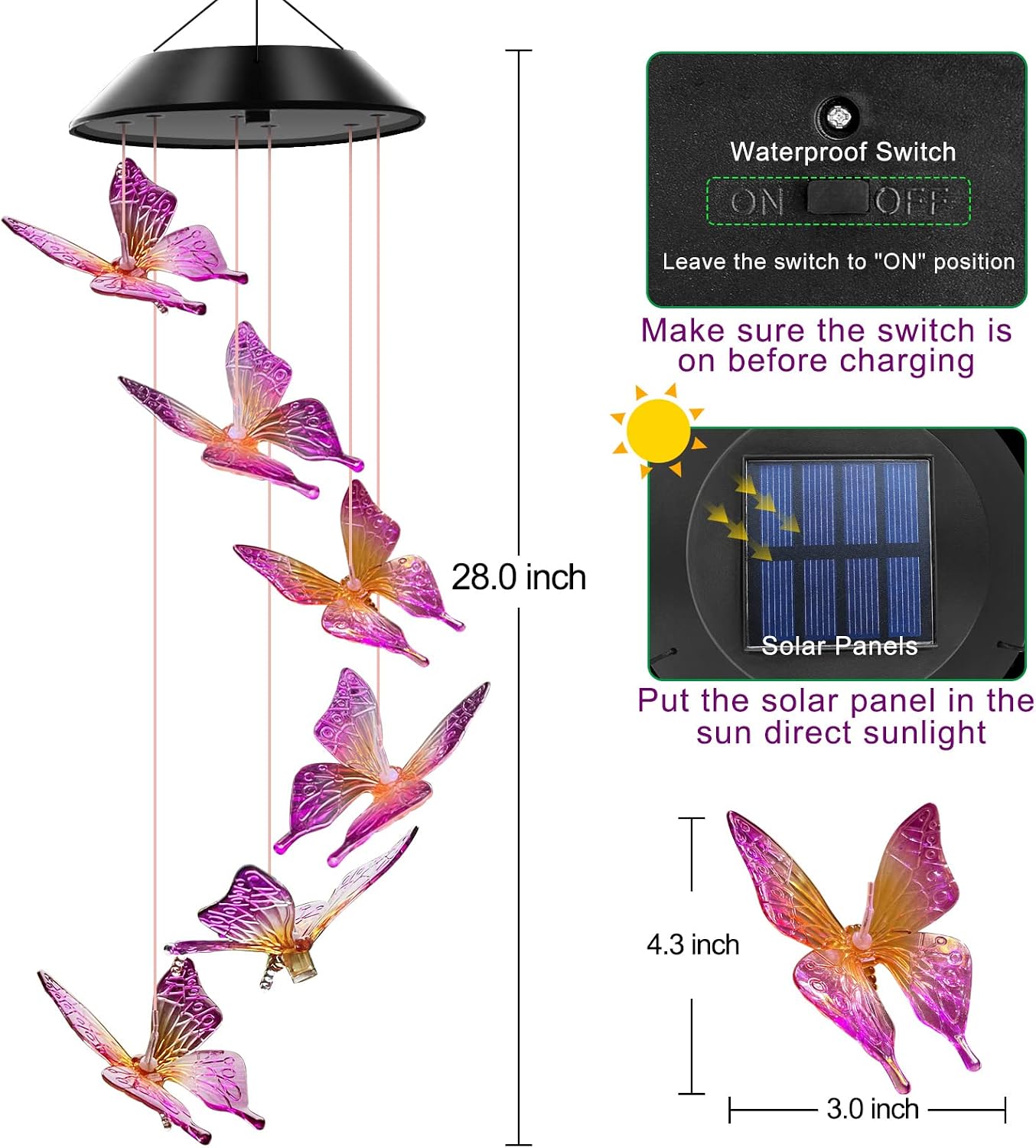 Detalle de WENANA Solar Wind Chime, Purple Butterfly