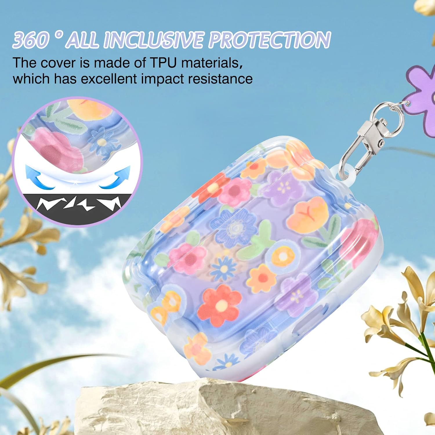 Detalle 2 de Newseego AirPods Pro Case Cover: Cute Flower Pattern with Wave Frame, Soft TPU & Keychain
