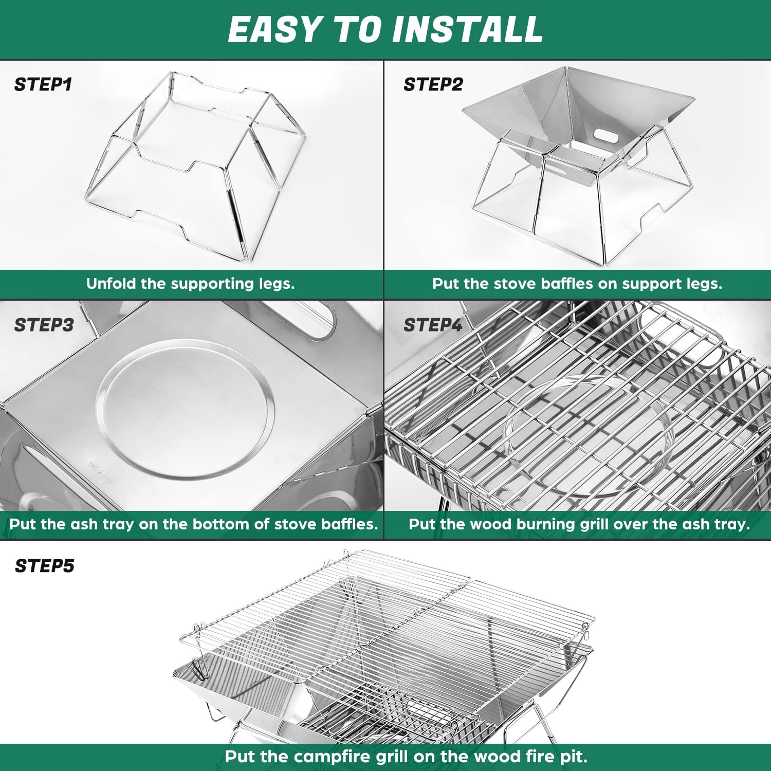 Thumbnail 4 de Odoland Portable Collapsible BBQ Fire Pit & Campfire Grill (Stainless Steel, Carry Bag, L size)
