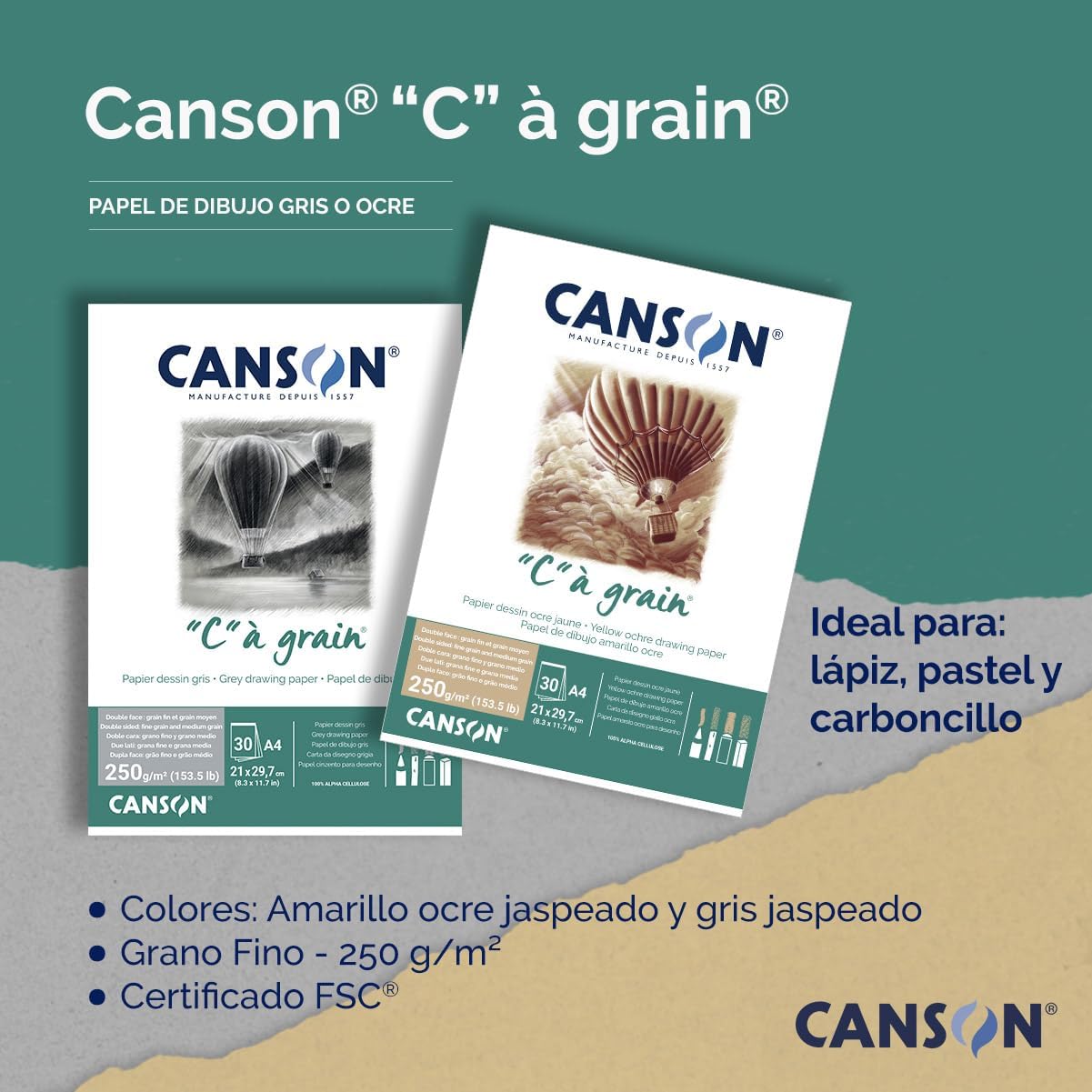 Thumbnail 4 de Bloc de papier Canson “C” à Grain – 30 feuilles A3, 250 g/m², gris chiné