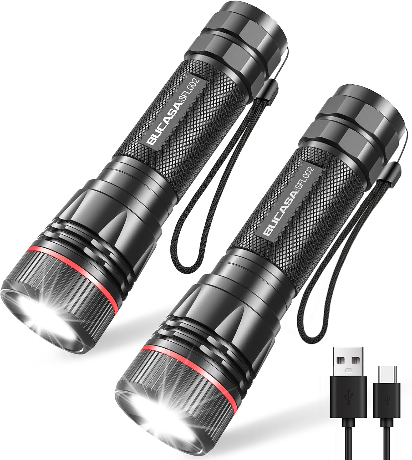 Detalle de BUCASA LED-Taschenlampe, aufladbar (bis zu 2000 Lumen), 3 Modi & Zoombar – 2er-Set für Kinder und Outdoor