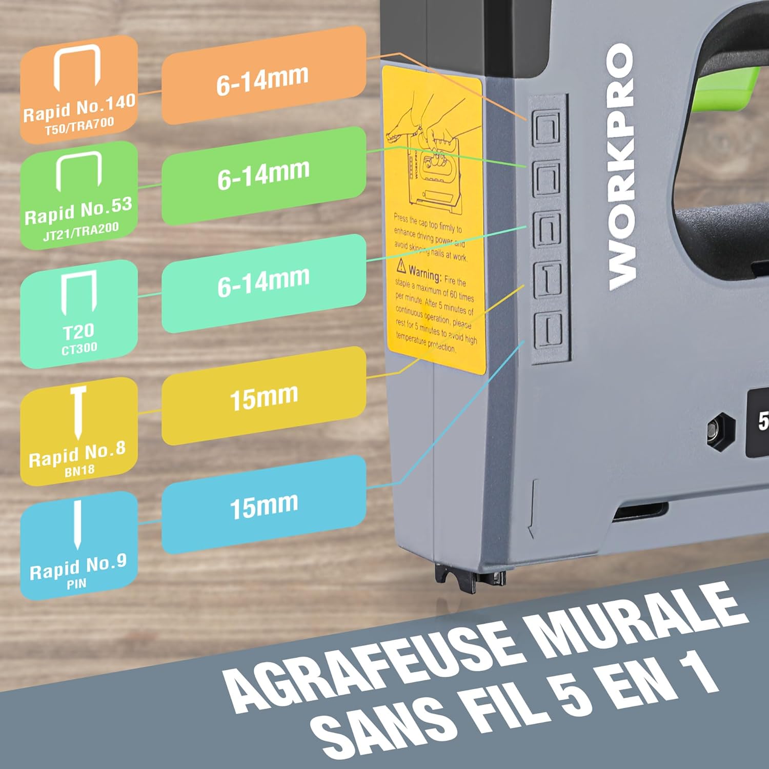 Thumbnail 1 de WORKPRO Agrafeuse sans Fil 3,6 V Multifonction 5 en 1 – Kit complet (2000 agrafes)