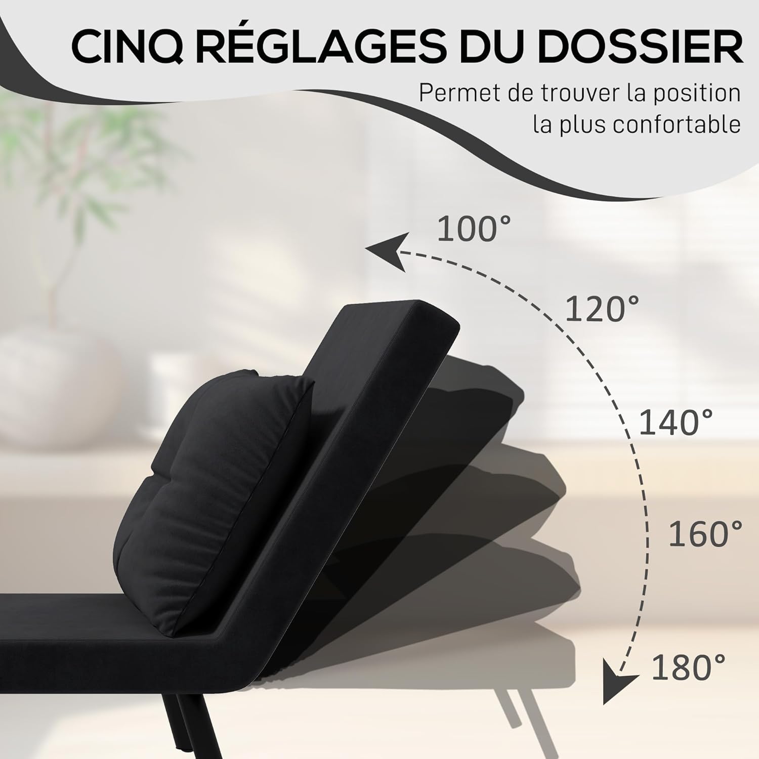 Thumbnail 4 de HOMCOM Fauteuil Convertible 1 Place – 3 en 1, dossier réglable 5 positions, velours noir
