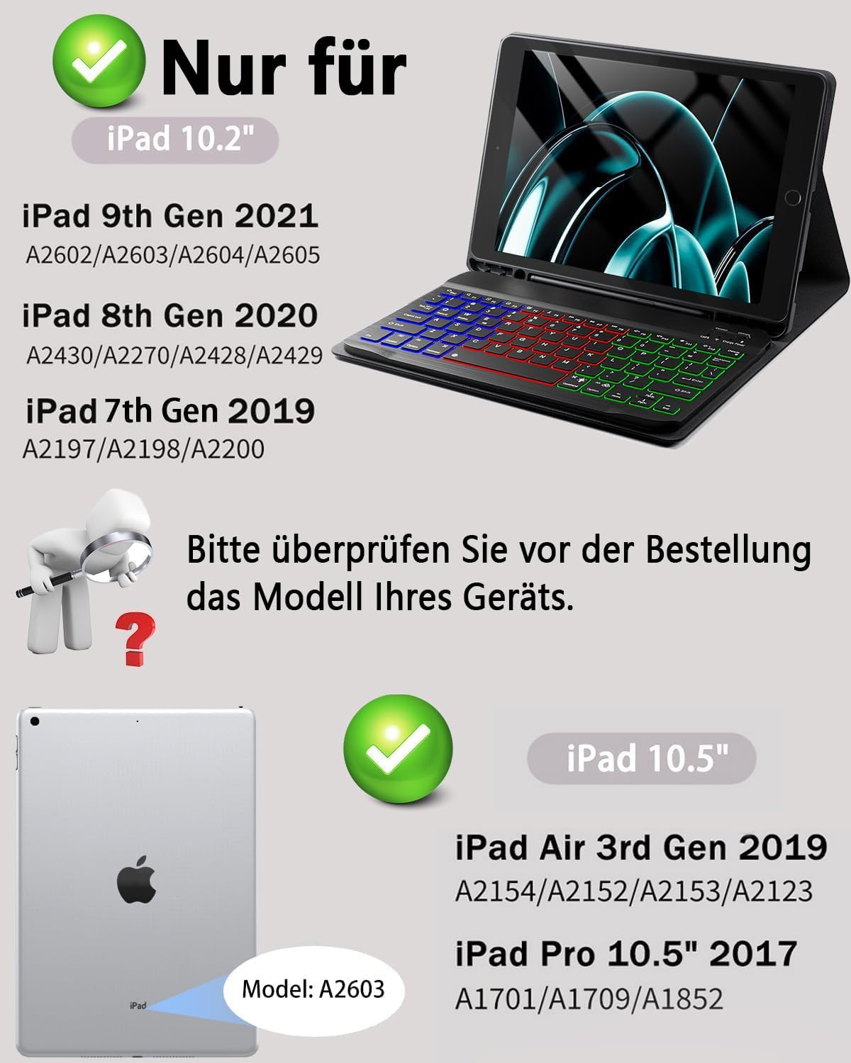 Detalle 2 de Kabellose beleuchtete Tastaturhülle mit Maus für iPad 9/8/7 (10,2 Zoll) – kompatibel mit iPad Pro 10,5 und iPad Air 3