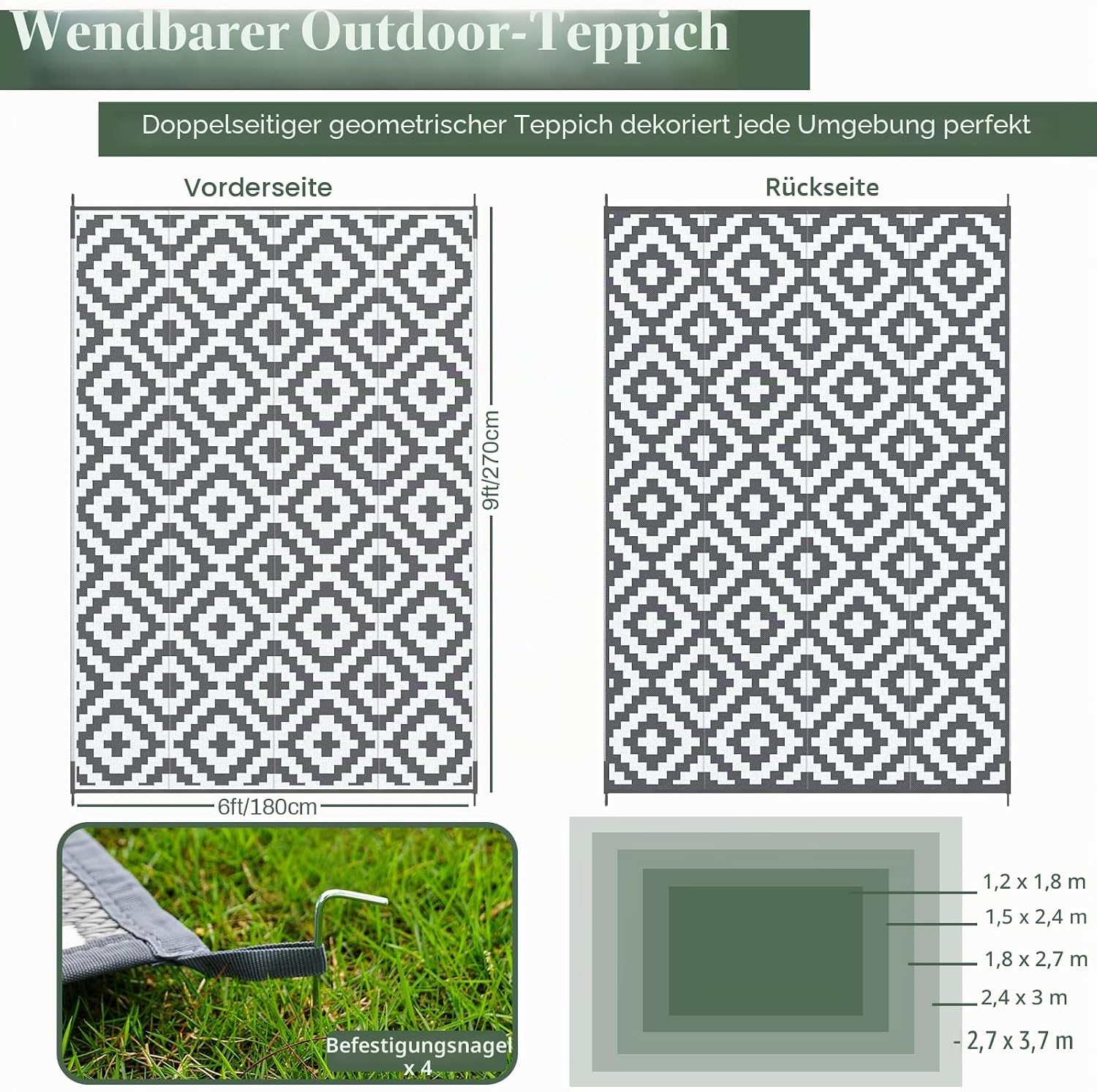 Detalle 2 de MOKANI Outdoor Teppich Wetterfest 180x270 cm – Wendbar, UV-beständig und wasserdicht für Balkon, Terrasse und Camping