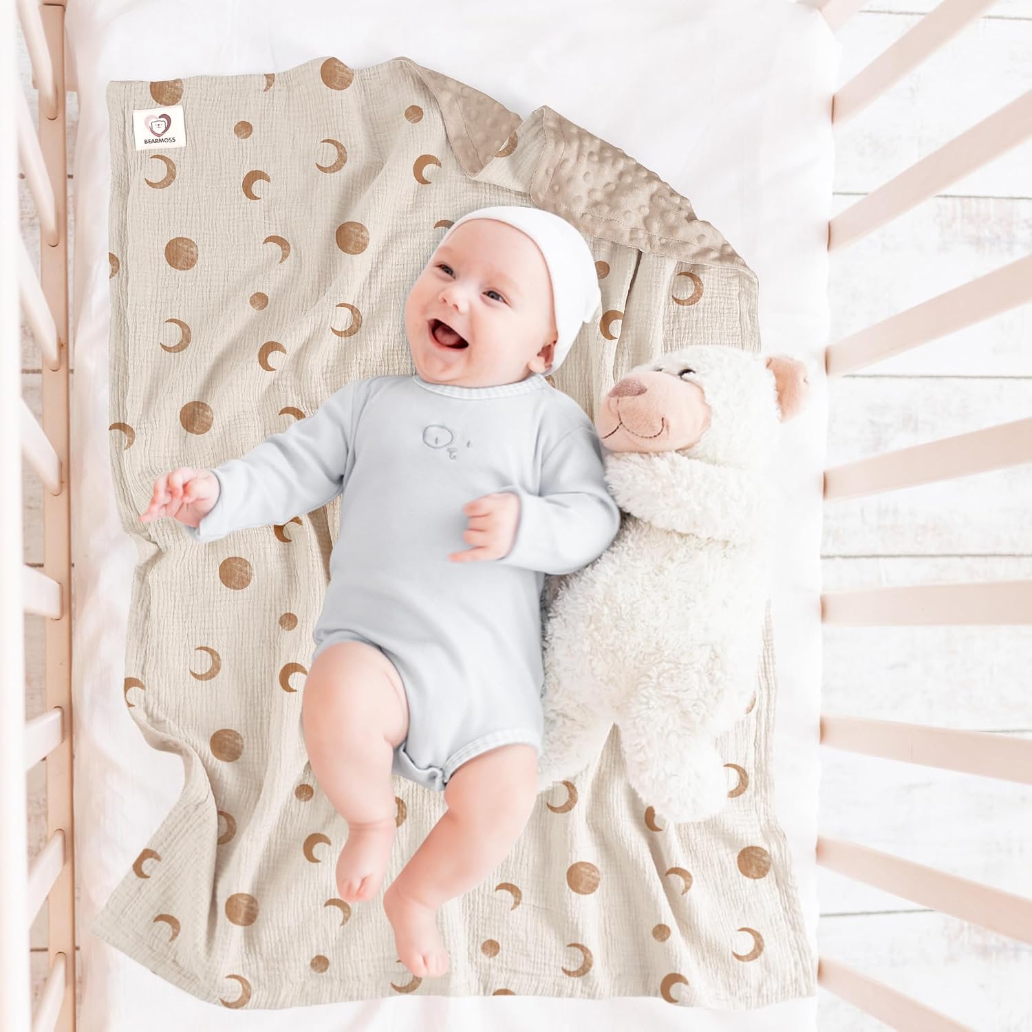 Thumbnail 1 de Bearmoss Baby Blanket Soft Nursery Crib Blanket with Muslin Cotton Front and Dotted Fleece Back, 76x100cm (Brown Moon)
