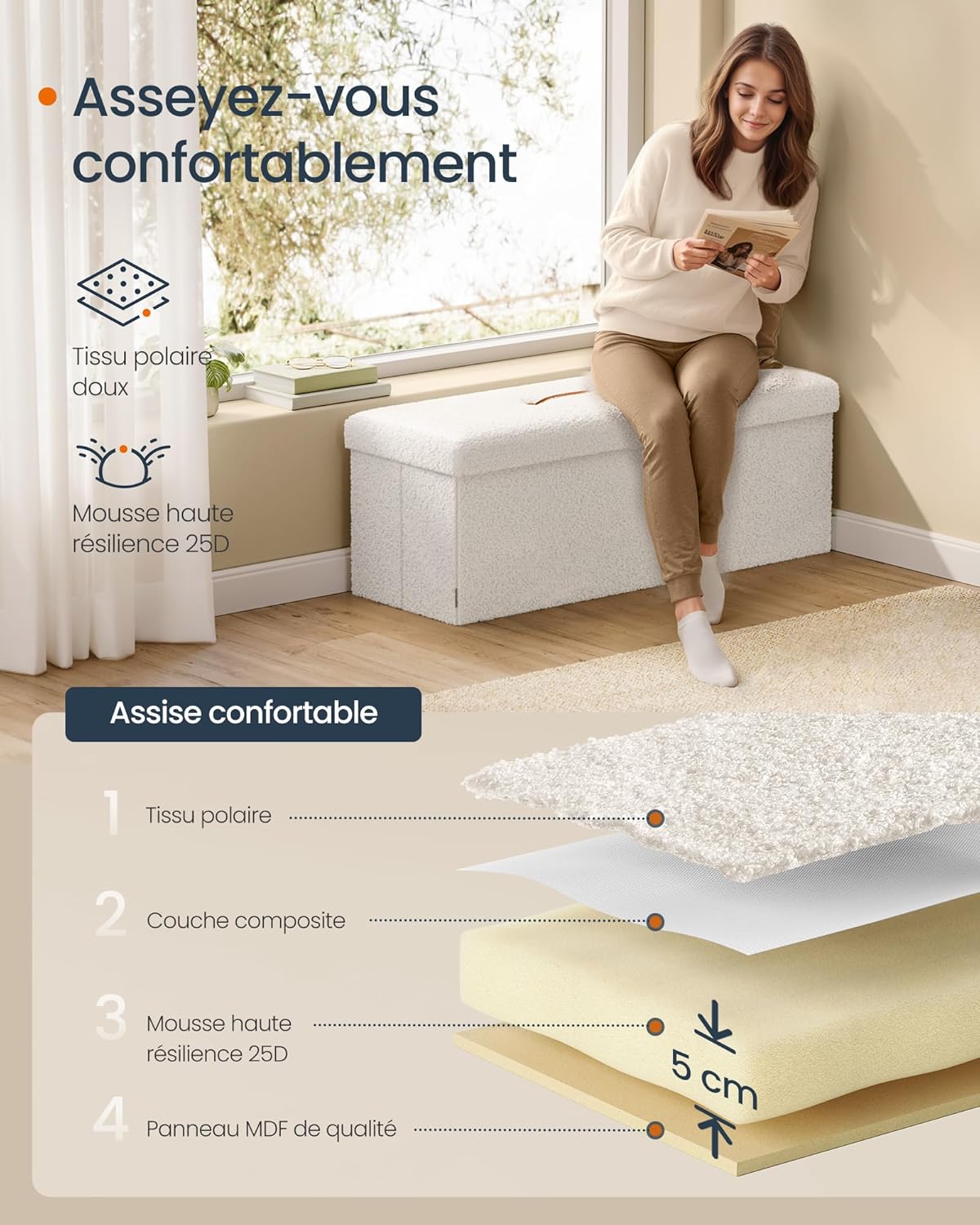 Detalle 2 de SONGMICS Tabouret de Rangement LSF097W01V1 blanc crème