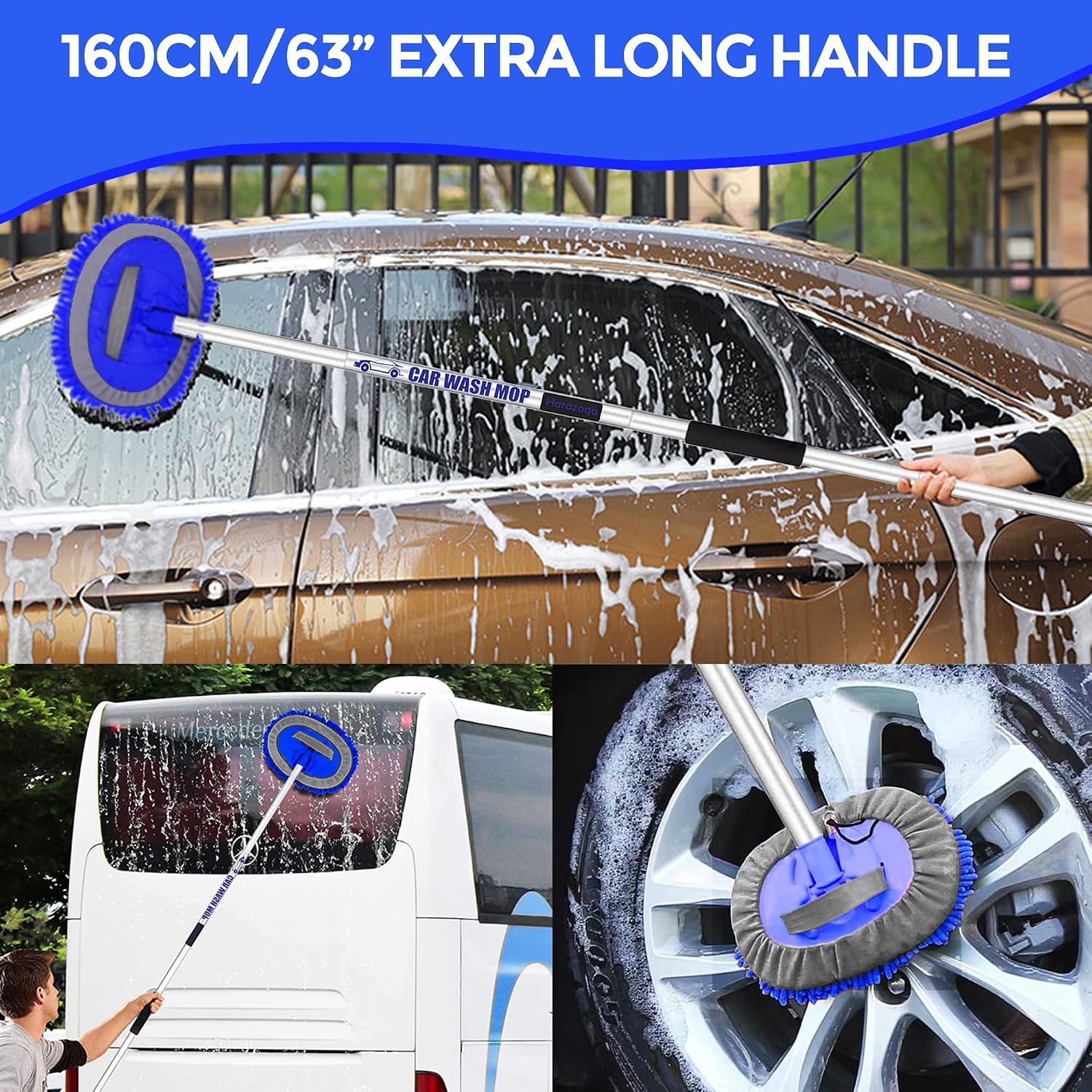 Detalle 2 de 160cm (63") Car Wash Brush with Microfibre Heads – Extendable Long Handle Cleaning Mop Mitt (with 3 Replacement Heads)