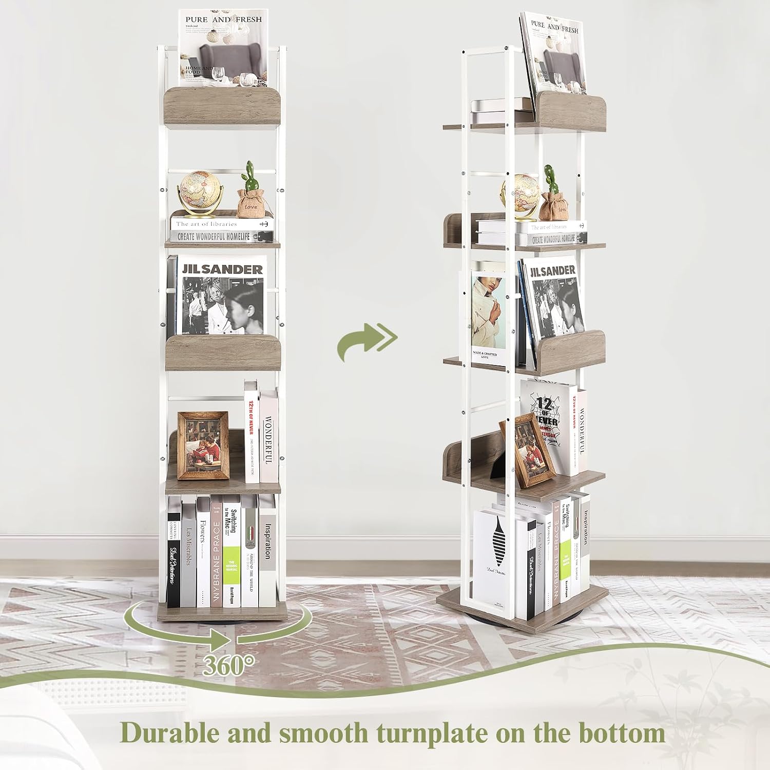 Thumbnail 1 de Bikoney 5-Tier Rotating Corner Bookshelf (White & Grey) – Industrial, Narrow, Tall Design