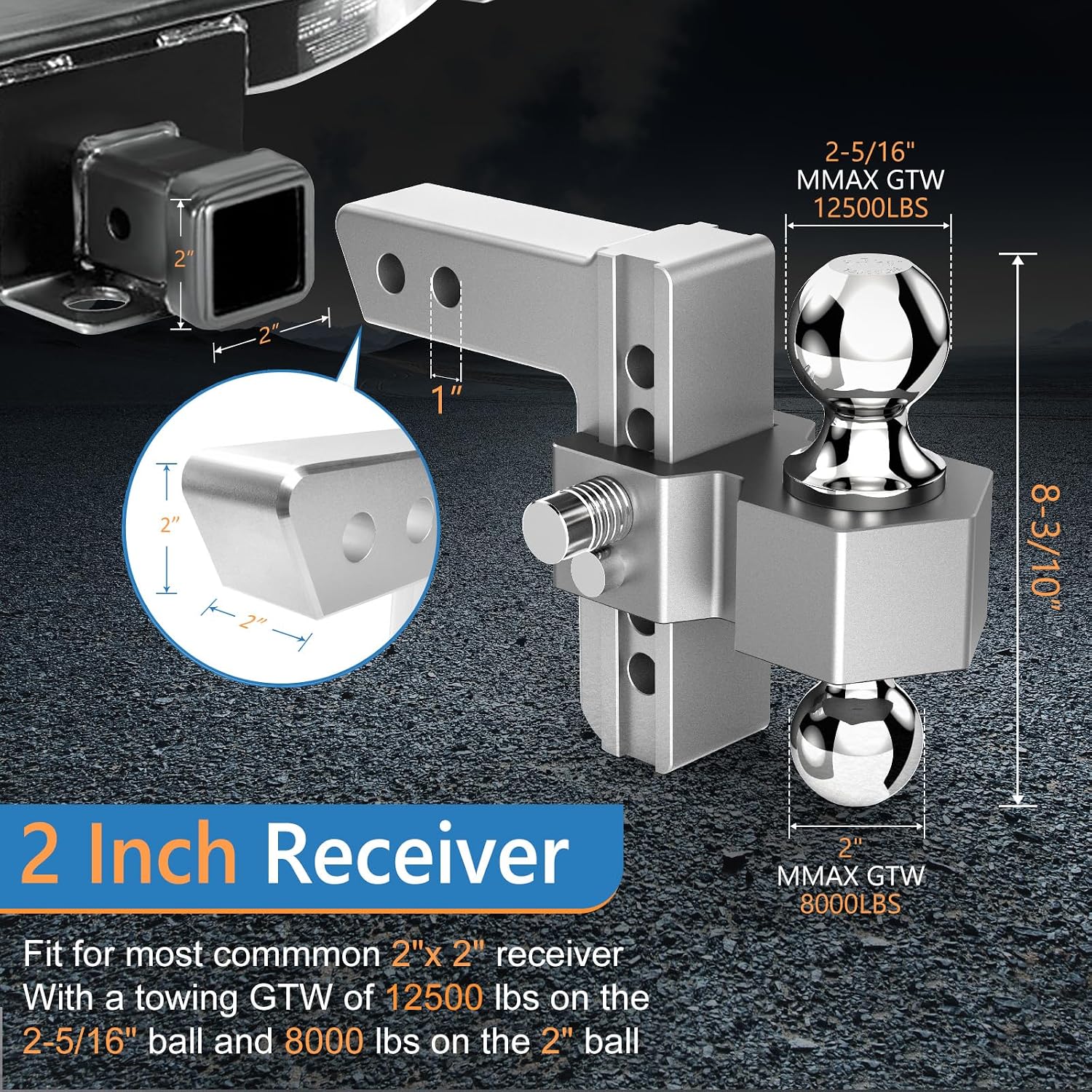 Detalle de Tlvuvmo Adjustable Trailer Hitch for 2 Inch Receiver with Dual-Ball Design