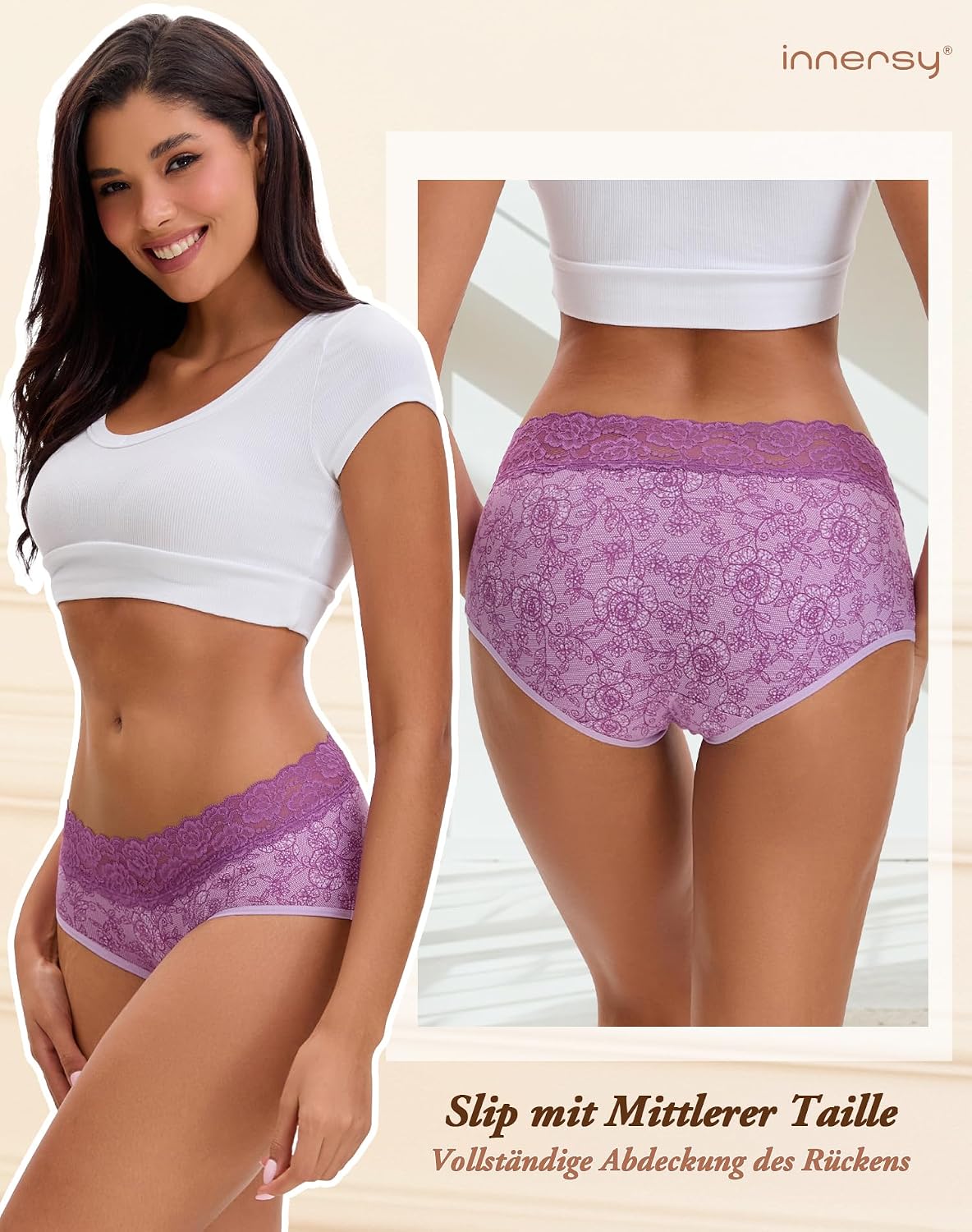 Detalle de INNERSY Damen Slips aus Baumwolle mit Spitze – bequeme Hipster-Unterwäsche im 6er-Mehrpack