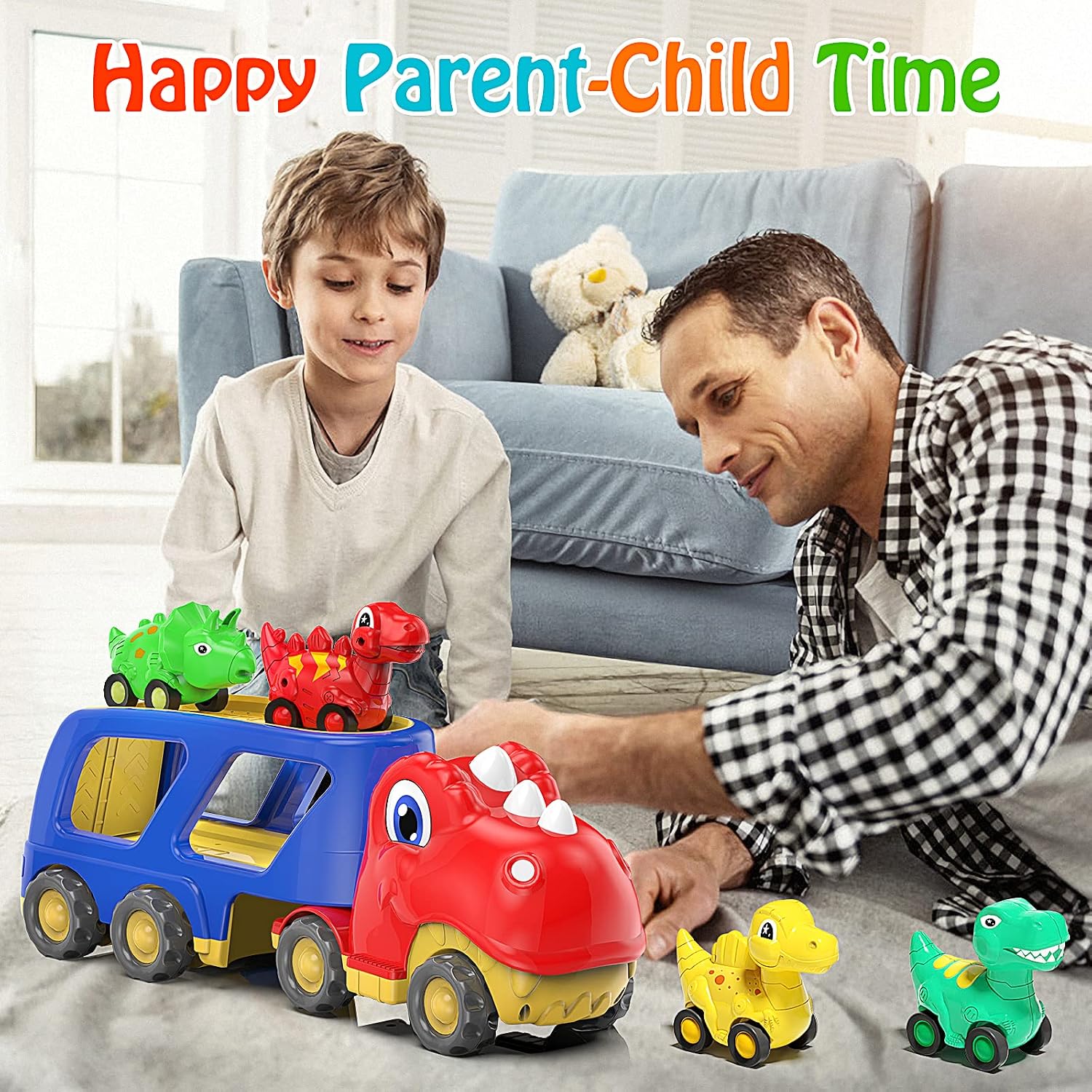 Detalle de Veslier Dinosaur Transport Truck Toy with 4 Pull-Back Cars, Lights and Sounds