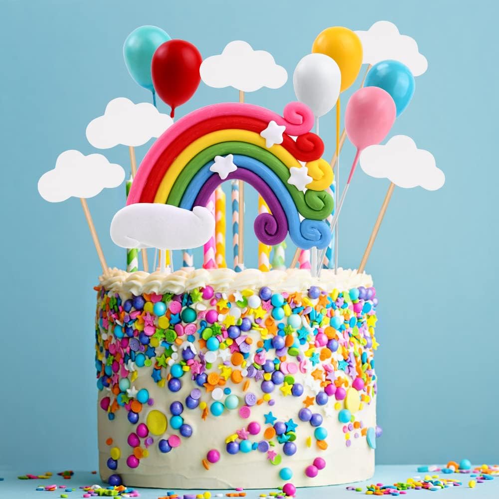 Thumbnail 3 de OSDUE Tortendeko Geburtstag-Set mit Regenbogenbrücke, Luftballons & Wolken (Happy Birthday, Einhorn/Macaron-Kuchen-Topper)