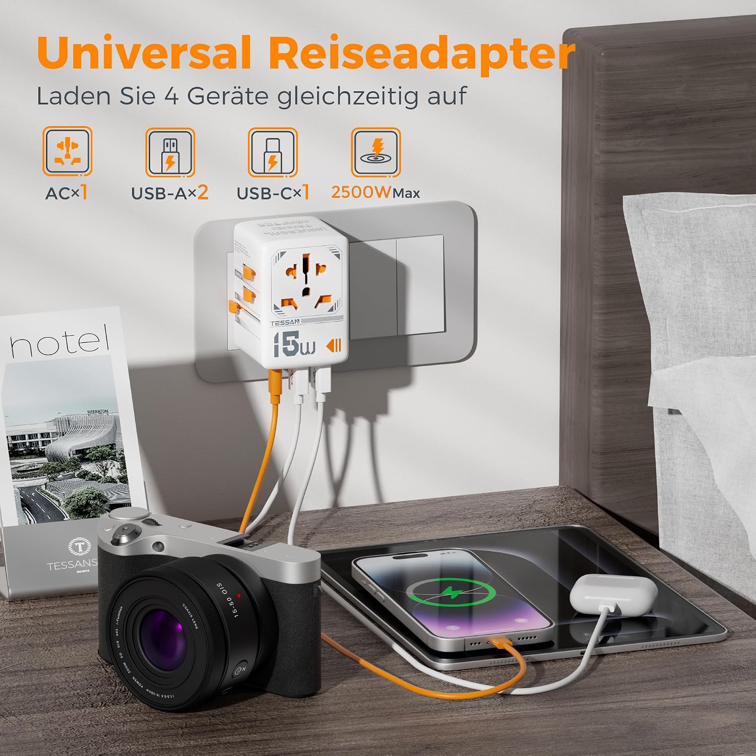 Thumbnail 3 de TESSAN Reiseadapter Weltweit: Universal Travel Adapter mit 1 USB-C, 2 USB-A und AC-Steckdose