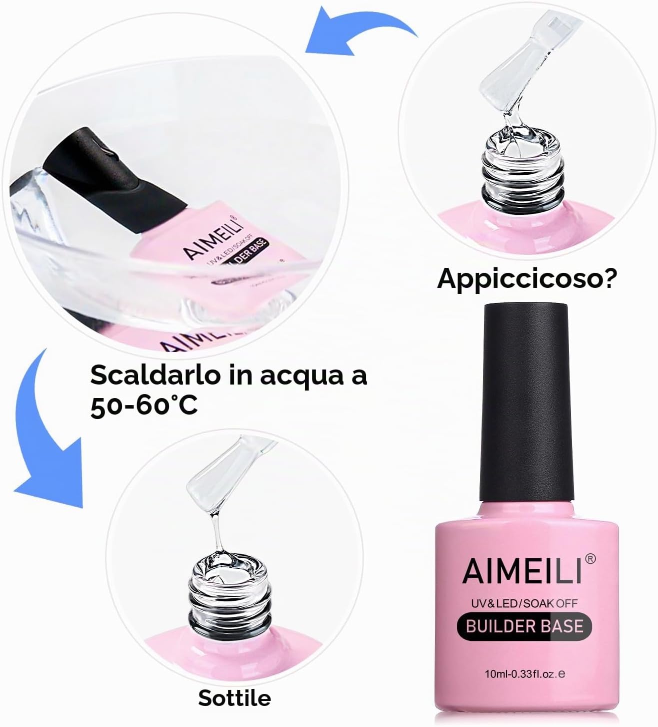 Detalle de AIMEILI 7 in 1 Clear Builder Base Gel: base gel 10 ml + no wipe top coat per unghie, UV/LED