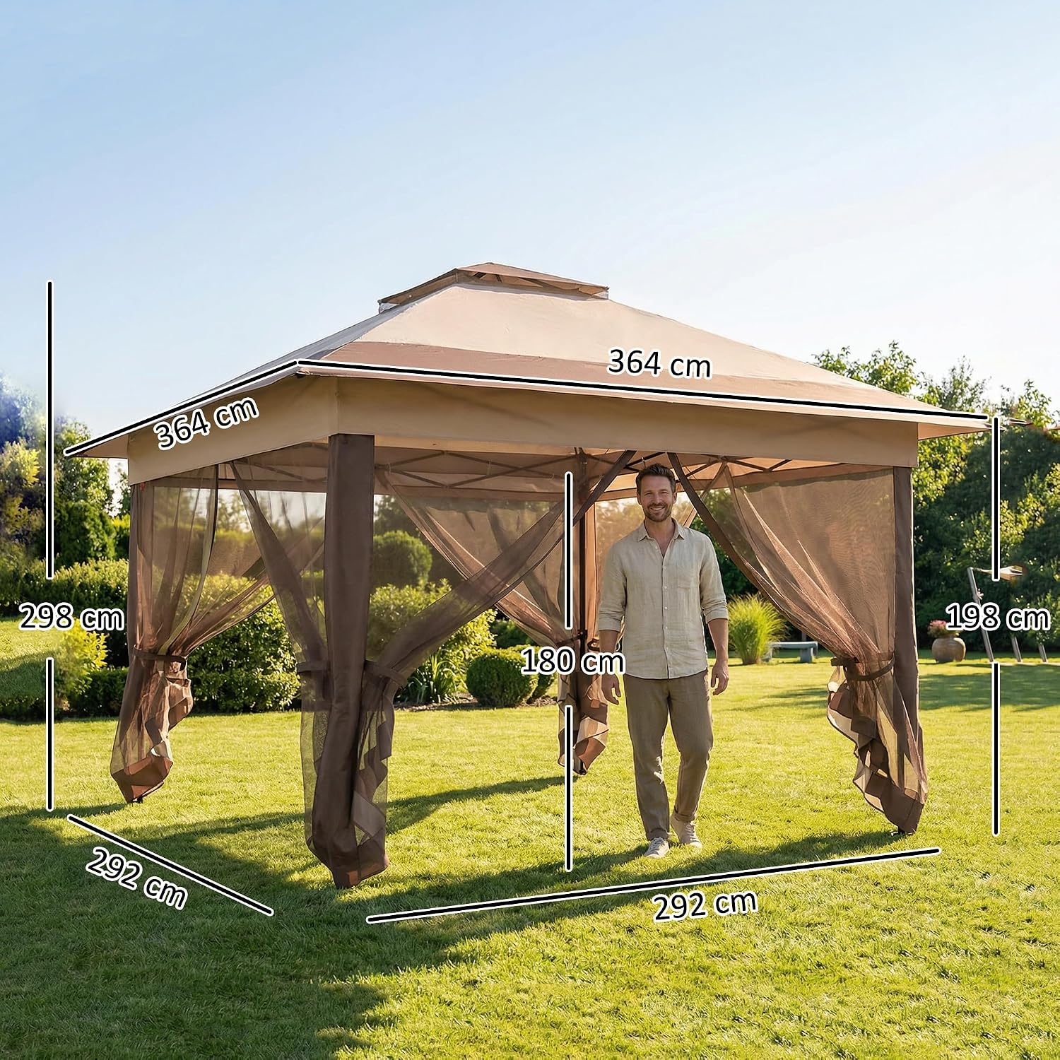 Thumbnail 6 de Outsunny Tonnelle de jardin pliante 3,6x3,6 m à double toit avec moustiquaires et sac de transport à roulettes