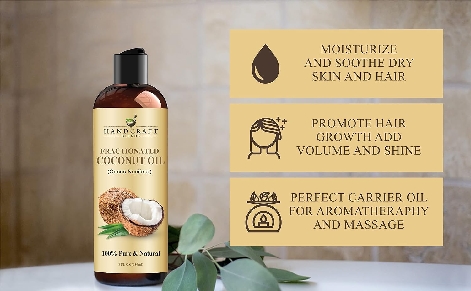 Detalle de Handcraft Blends Fractionated Coconut Oil (236 ml) – 100% pure, hexane-free carrier oil for hair & body