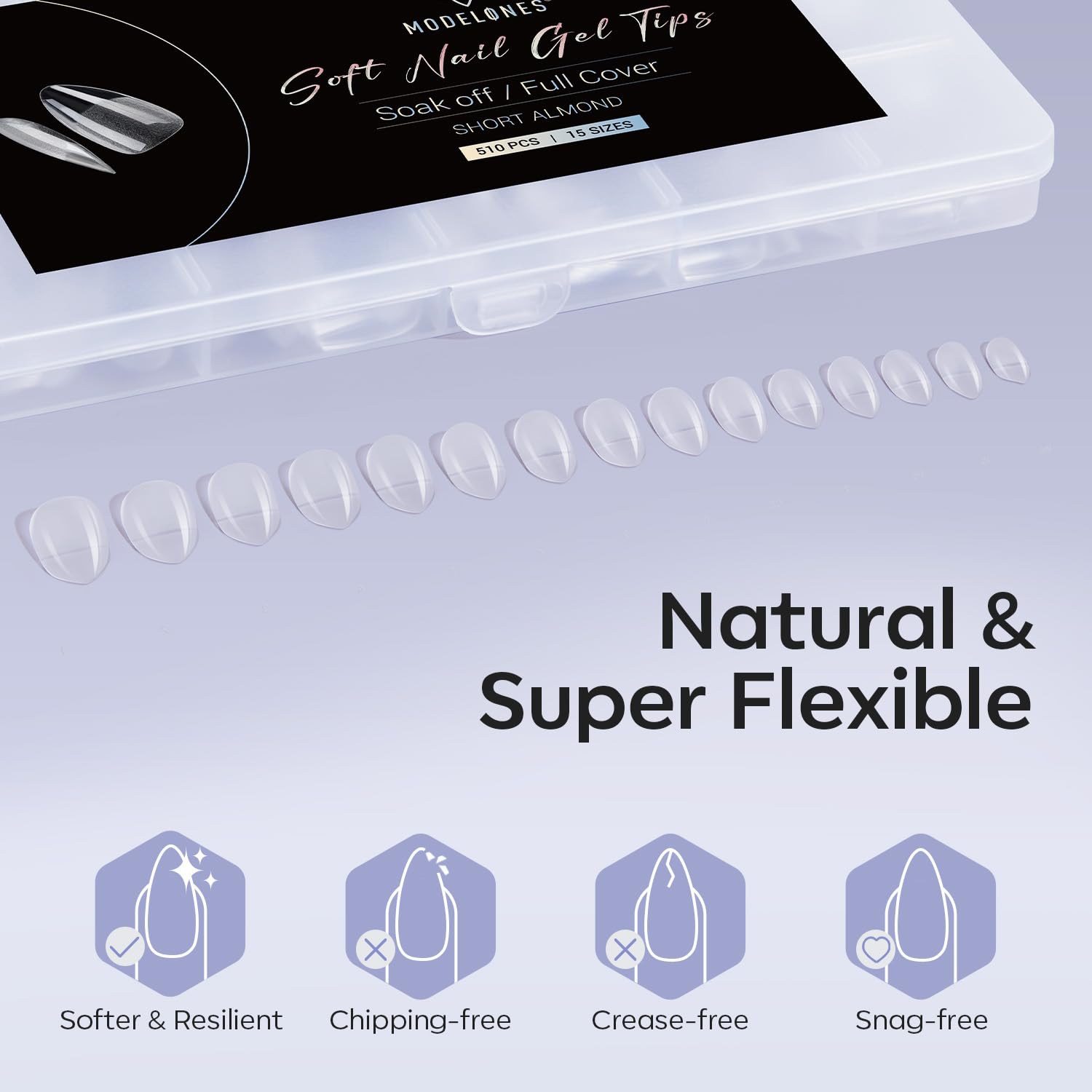 Detalle de Modelones Nageltips 510 Stück Full Cover (kurze Almond) – PMMA Gel Tips Set zum Aufkleben für DIY-Nail-Art