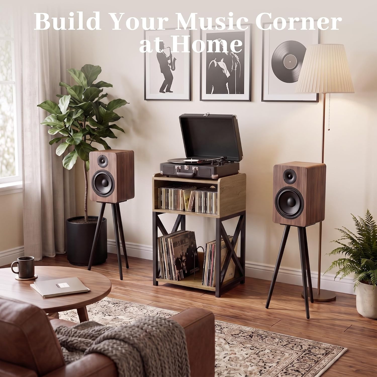 Detalle 2 de MECHYIN Record Player Stand with 3-Tier Storage