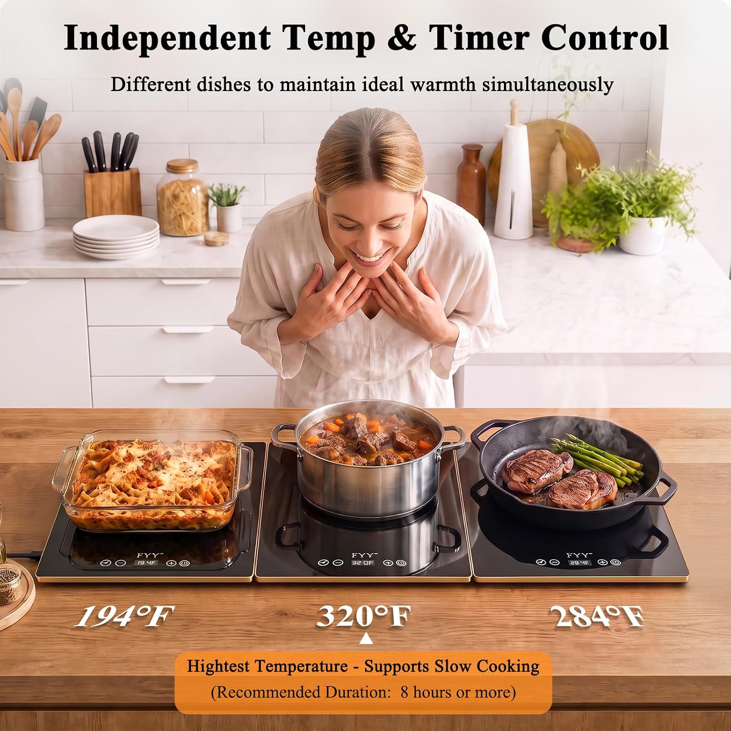 Detalle de FYY 3-Panel Electric Warming Tray with Tempered Glass, 13 Heat Levels and Timer