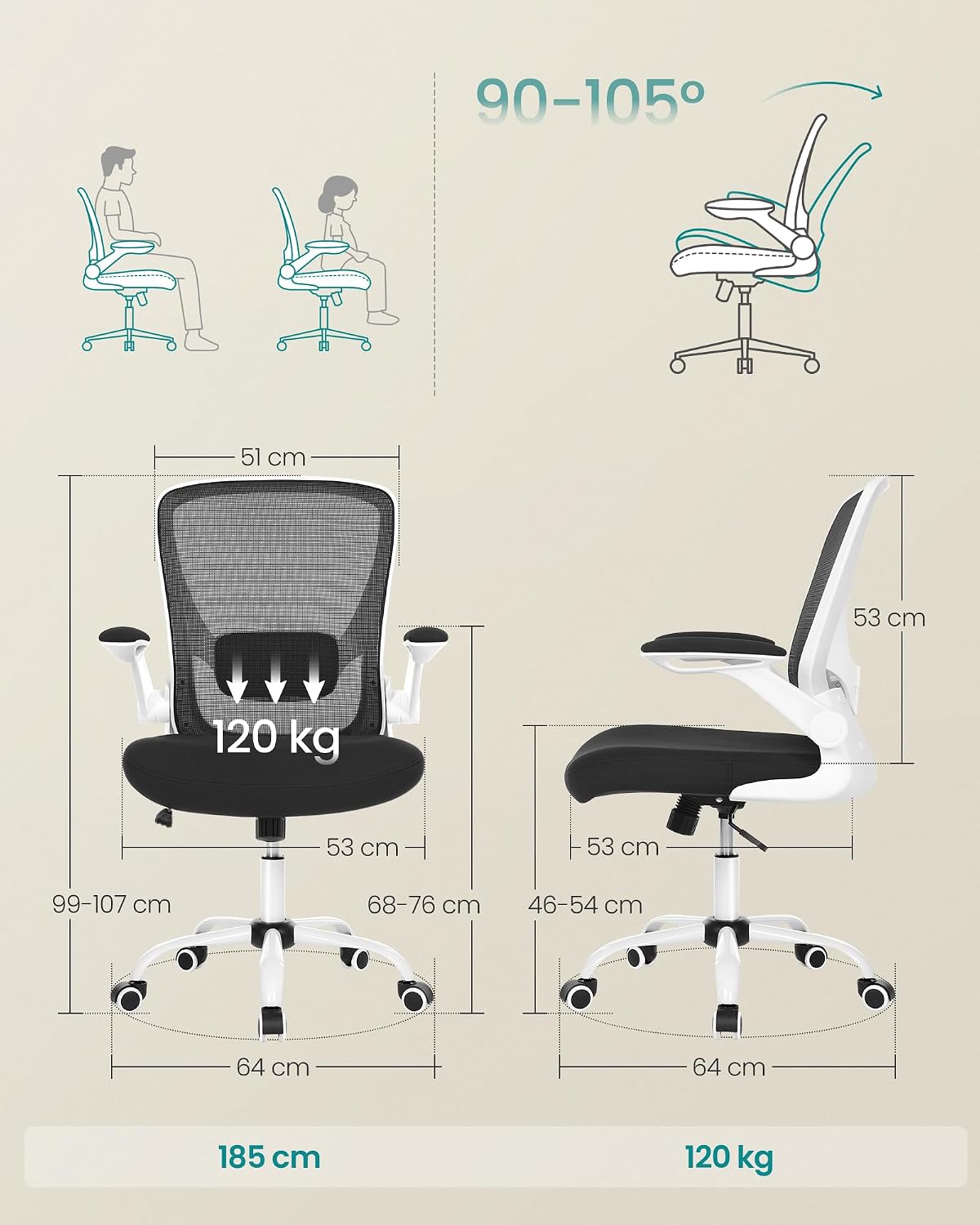 Detalle de SONGMICS Sedia da Ufficio Girevole con Seduta 53 cm e Supporto Lombare Regolabile (OBN37WT)