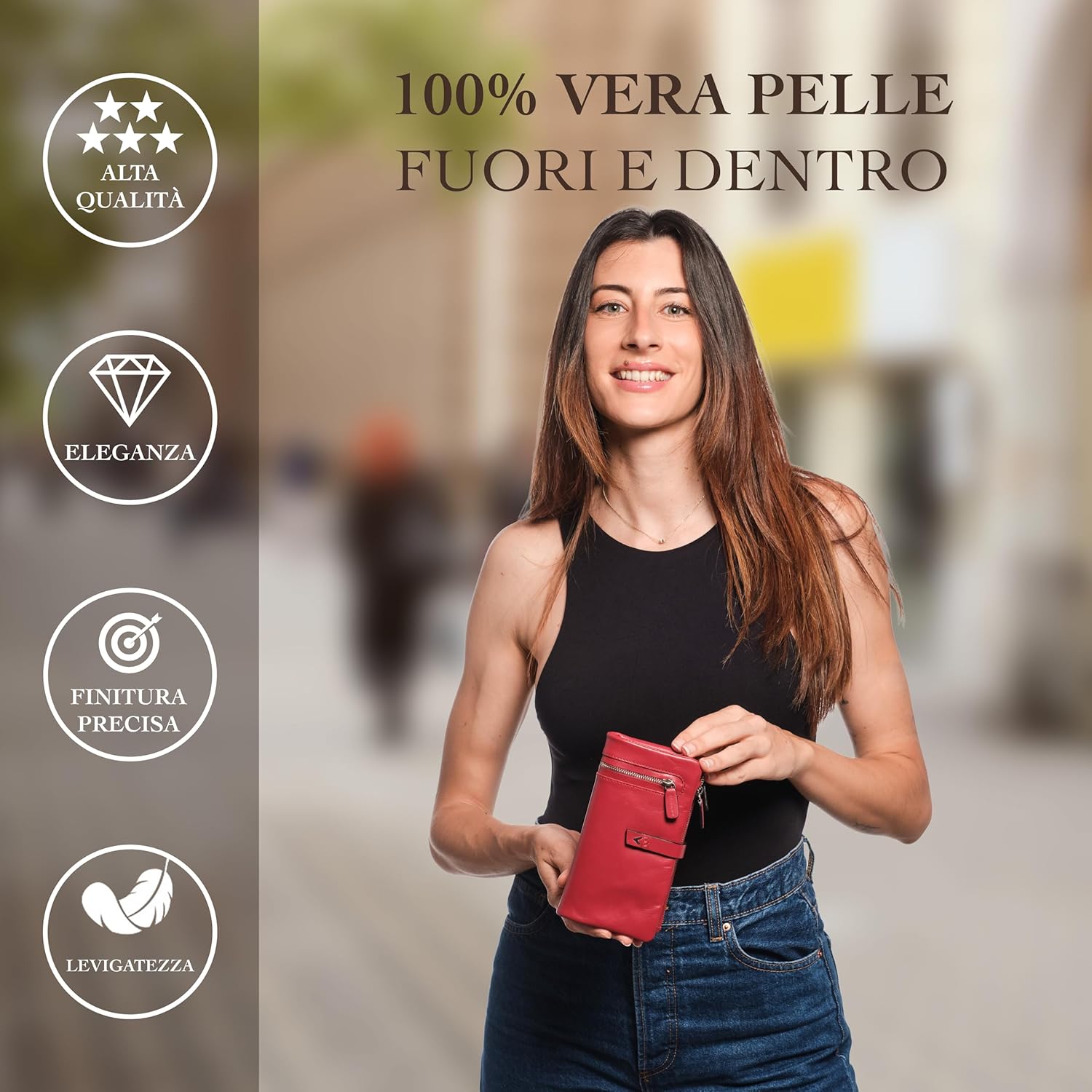 Detalle de Lavalen Portafoglio Donna in Pelle Vera — Portafoglio Grande Capacità con RFID, Rosso
