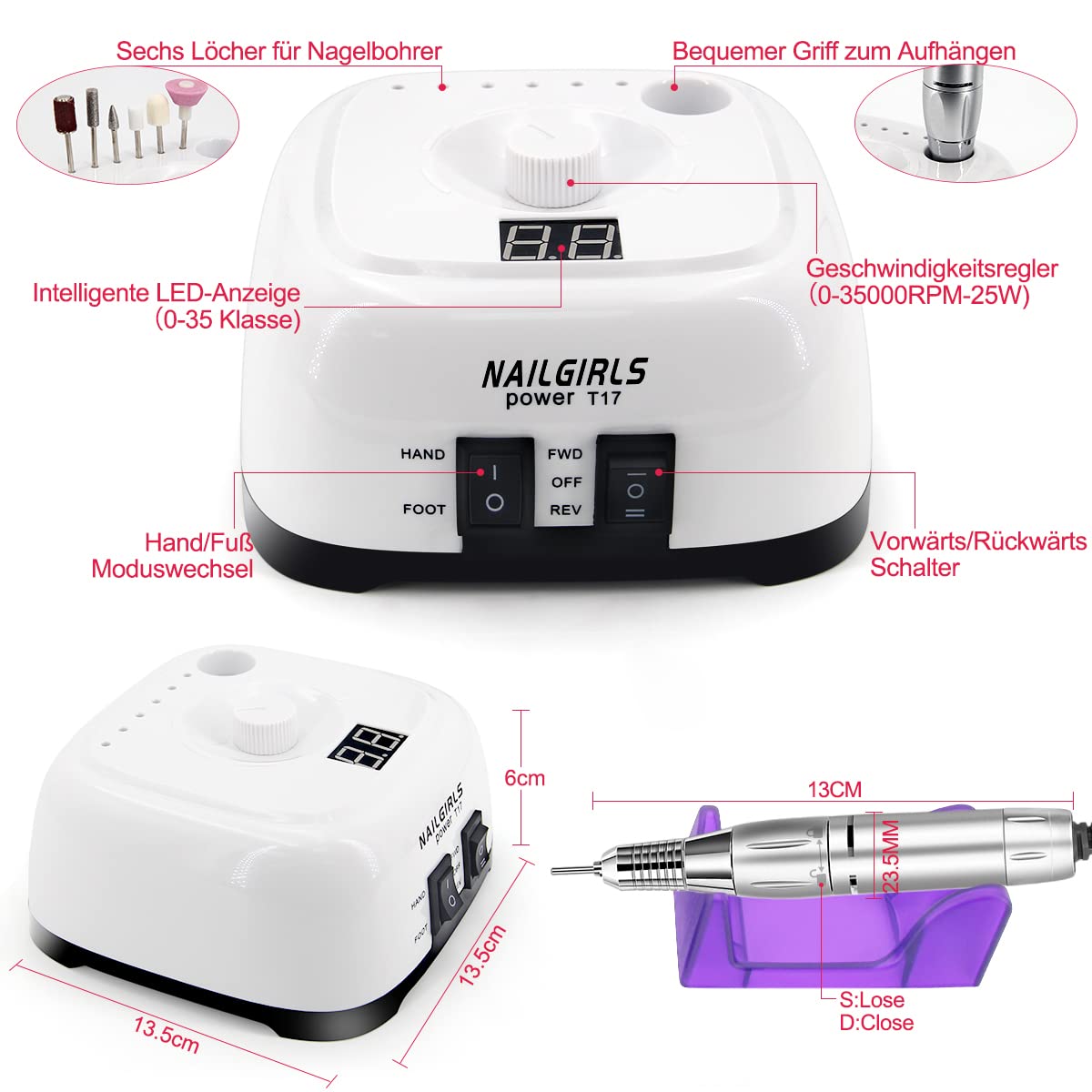 Detalle de NAILGIRLS Nagelfeile elektrisch (11-in-1) für Gelnägel mit 0–35.000 U/Min, LCD & Fußpedal