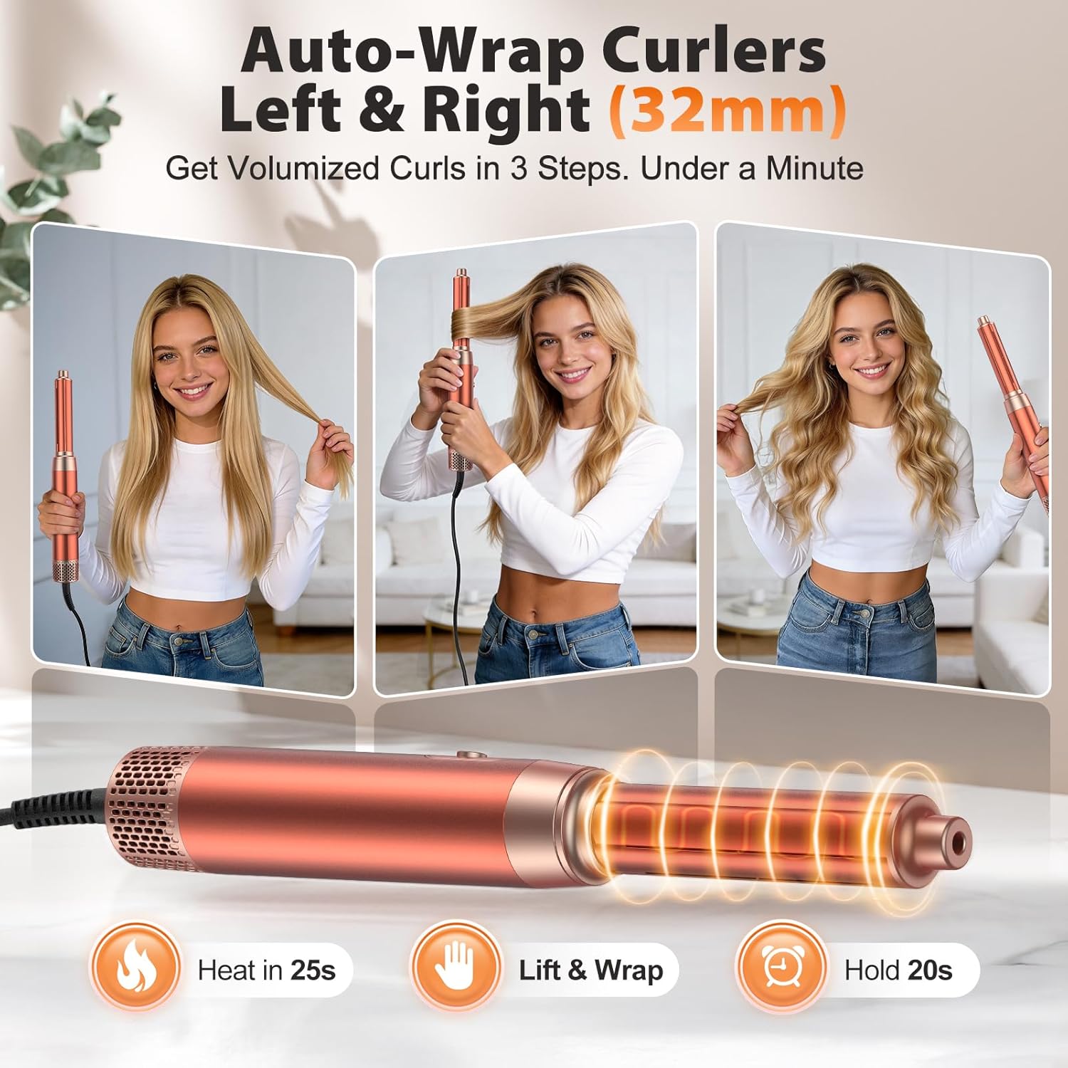 Detalle 2 de 5 in 1 Blow Dryer Brush Set with 32mm Auto-Wrap Curler, Paddle Brush, and Detachable Hot Air Tool – Amber
