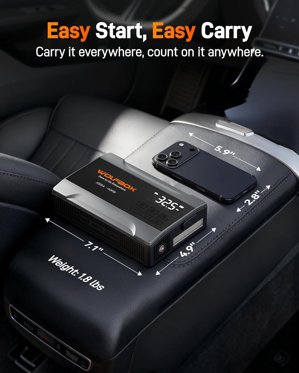 Thumbnail 5 de WOLFBOX 2000A : démarreur d’urgence 12V portable avec compresseur 150 PSI, power bank et LED