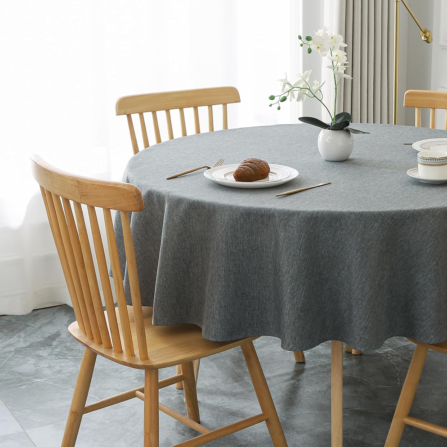 Detalle de AooHome Rundtischdecke Φ120cm Grau – Leinen-Optik, wasserabweisend, pflegeleicht