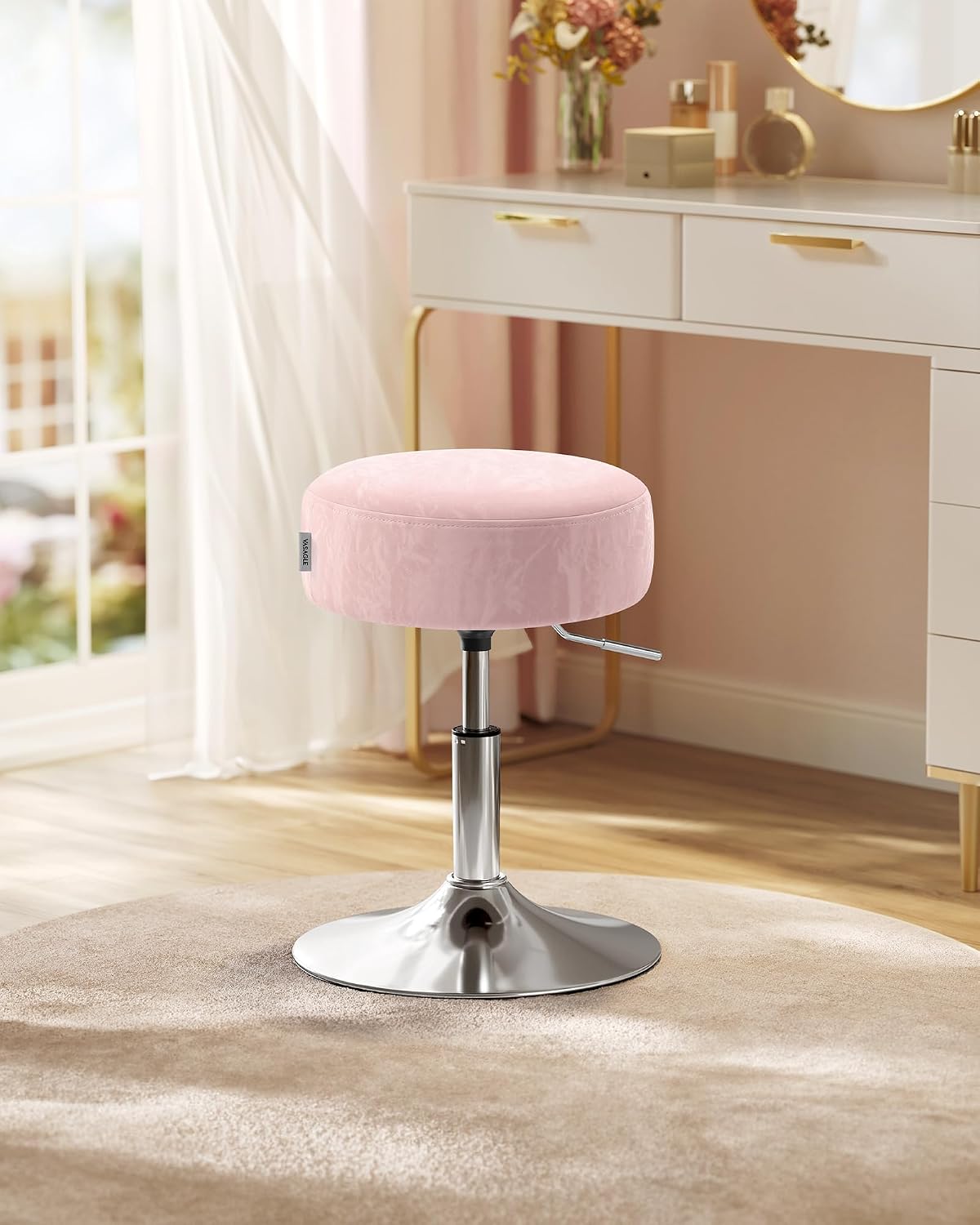 Detalle 2 de VASAGLE Sgabello da Trucco LJB120S01: Sedia per Toeletta Regolabile e Girevole in PU Rosa Pastello