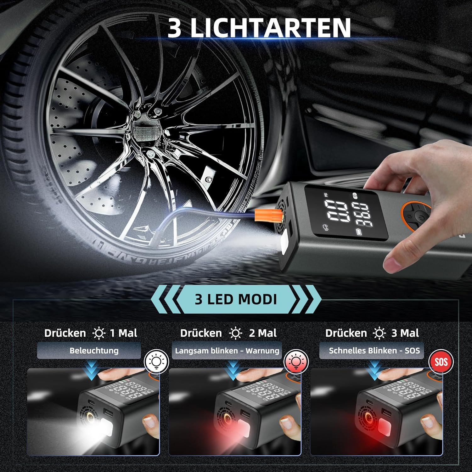 Thumbnail 6 de DOINOW Kabellose Fahrradpumpe Elektrisch – 150 PSI, 4 voreingestellte Modi, LED-Licht, USB-C Powerbank