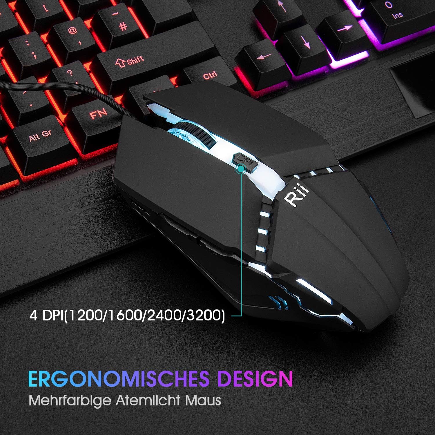 Detalle de Rii Gaming Tastatur und Maus Set – RGB-Beleuchtung, DE-Layout, QWERTZ, wasserdicht