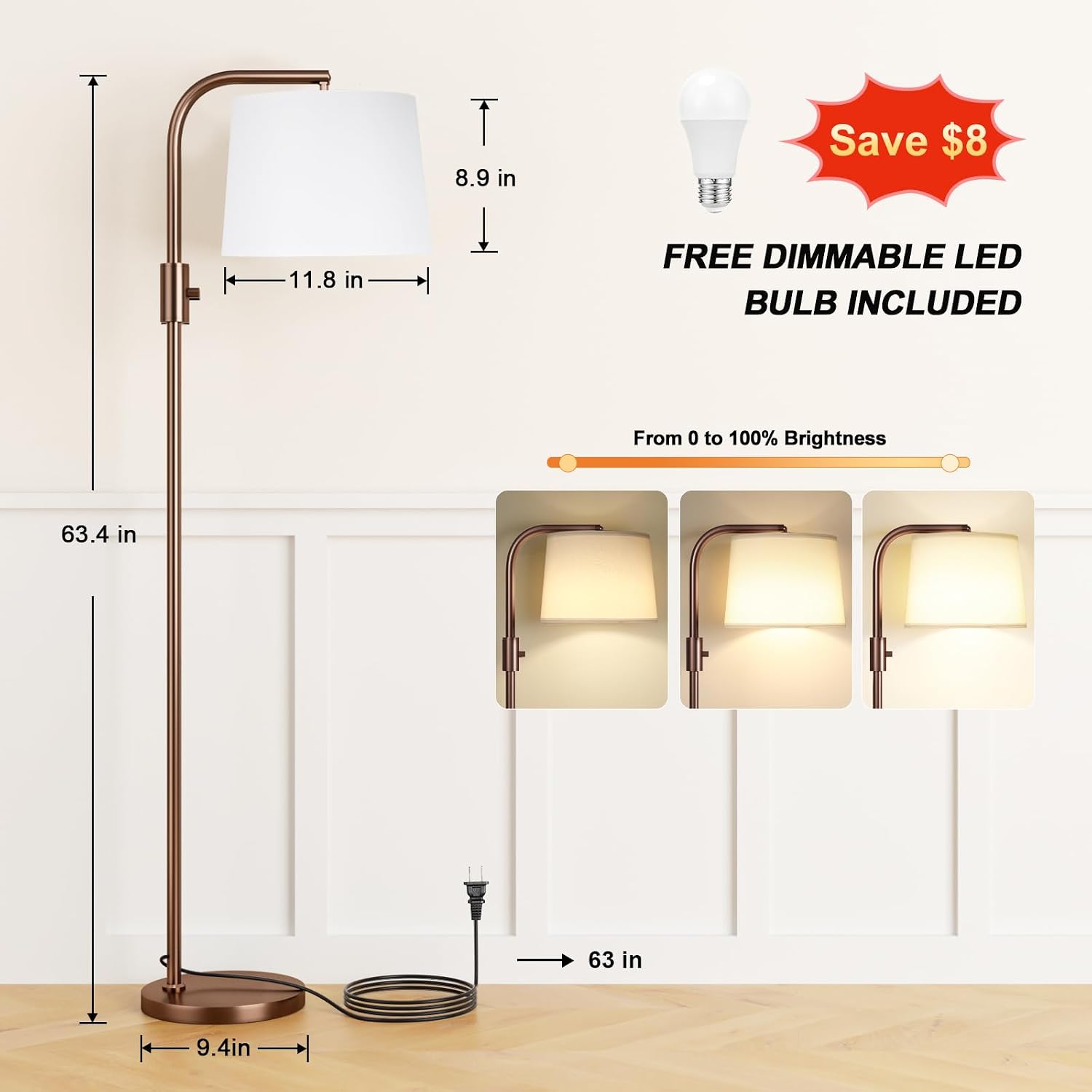Detalle 2 de Ambimall Z5V8W6 Dimmable Arc Floor Lamp with Rotating Head and Linen Shade