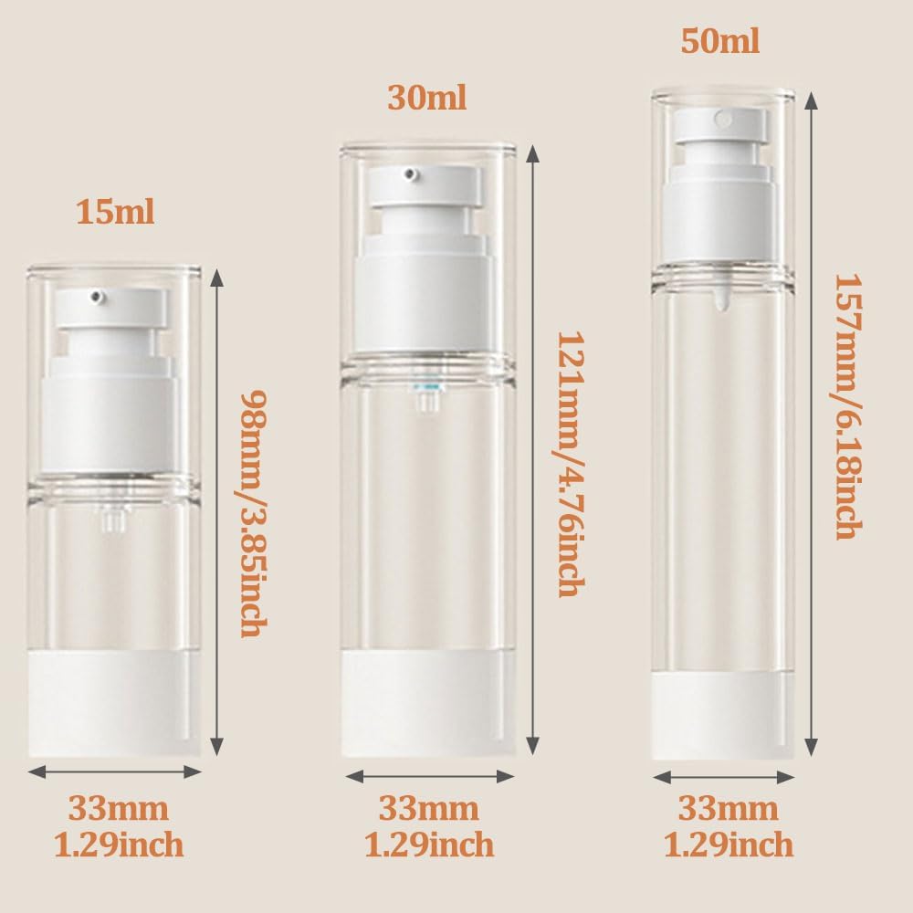 Detalle de XUEYENST 3Pcs Transparent Airless Pump Bottles – Refillable Travel Cosmetic Containers (15ml, 30ml, 50ml)