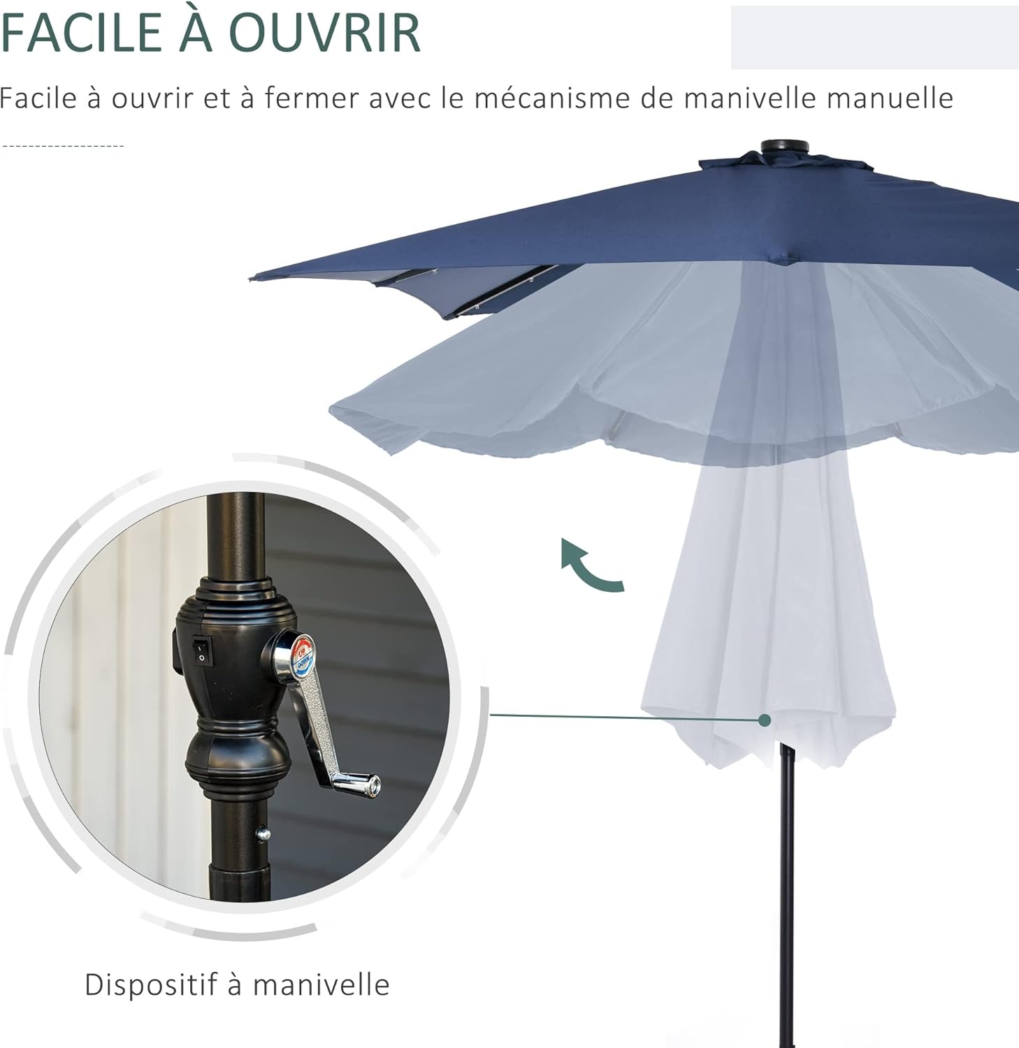 Thumbnail 3 de Outsunny Parasol de jardin droit LED 3 x 2 m avec éclairage solaire – Rectangulaire inclinable en bleu