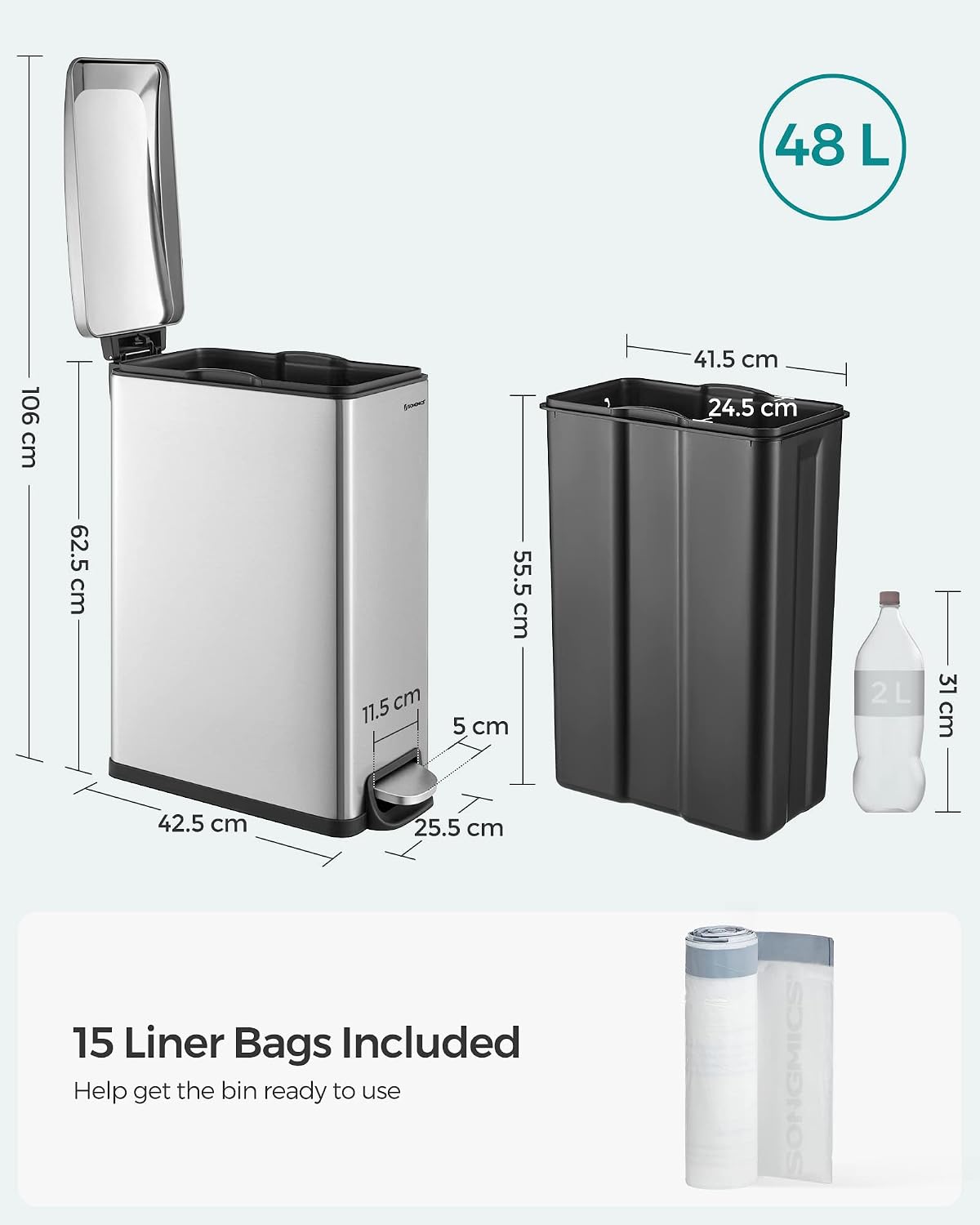 Detalle 2 de SONGMICS Kitchen Bin 48L Slim Pedal Bin for Narrow Spaces (LTB510E48)