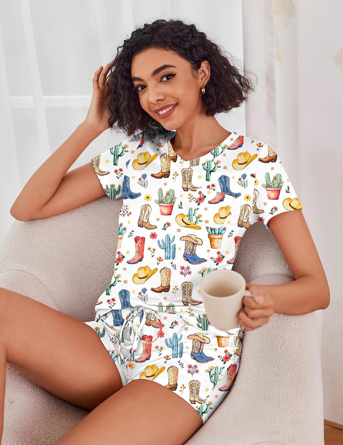 Thumbnail 2 de Ekouaer Women's Pajama Set, Lightweight V-Neck Top and Drawstring Shorts, XS