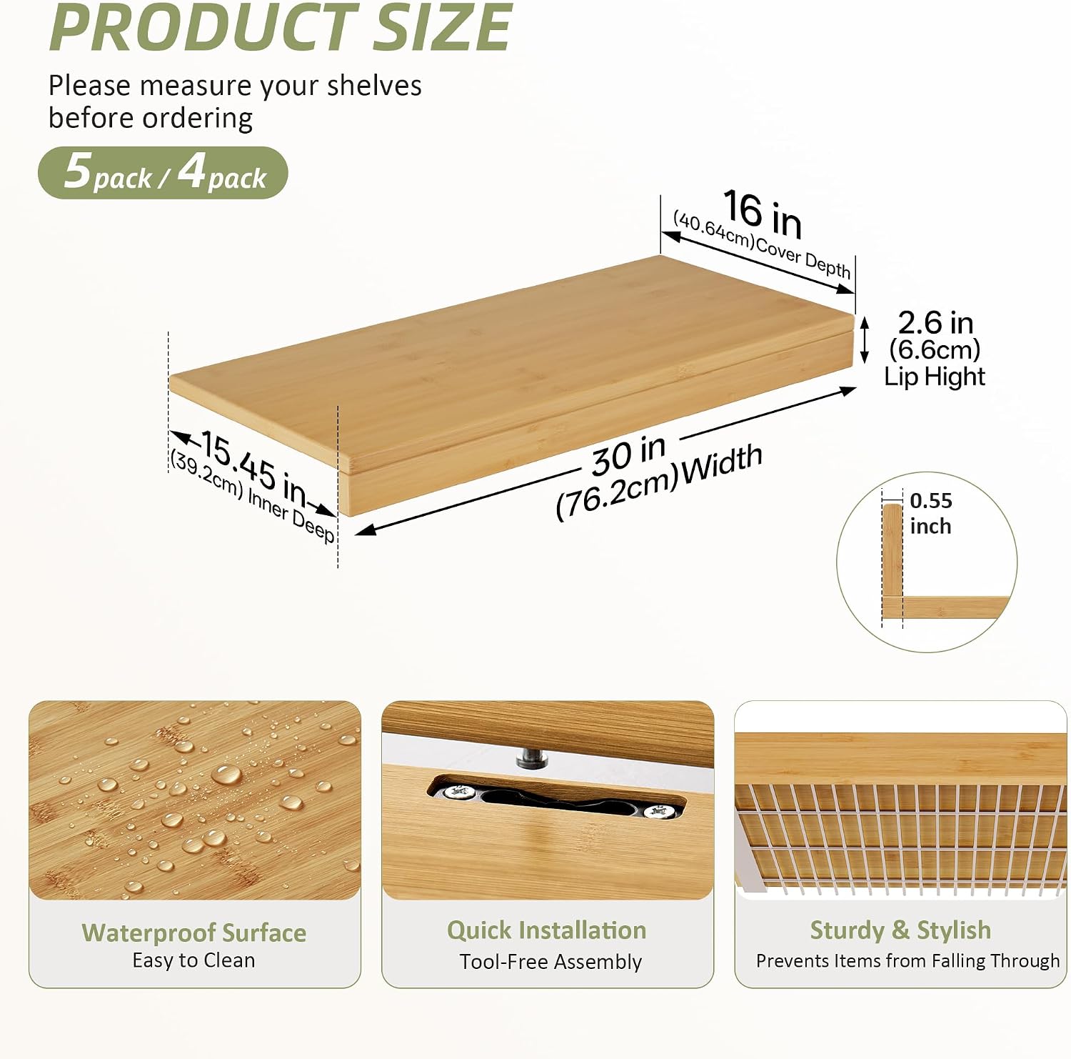 Detalle 2 de ClimbHope Bamboo Wire Shelf Covers (5pcs, 30" W x 16" D, Natural)