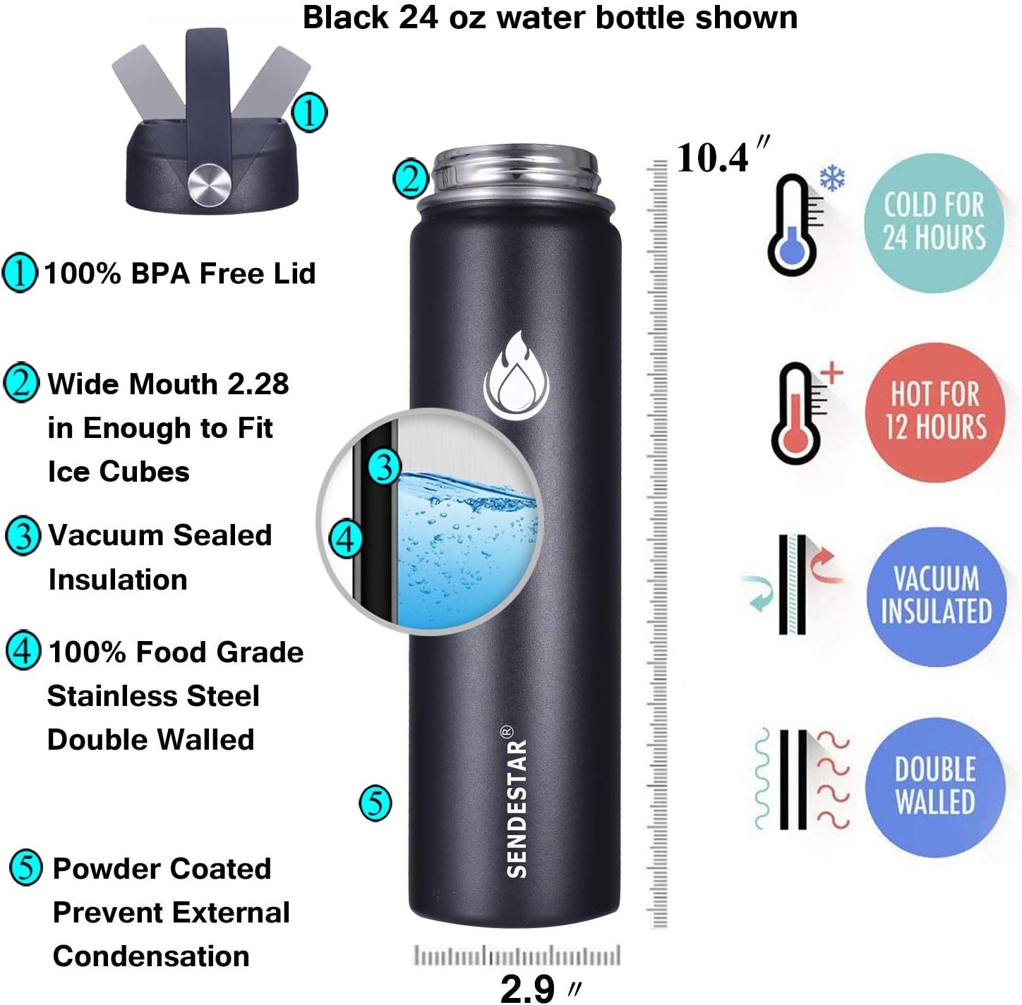 Thumbnail 2 de SENDESTAR 24 oz Insulated Water Bottle (Wide Mouth, Straw Lid + Spout Lid) — Black