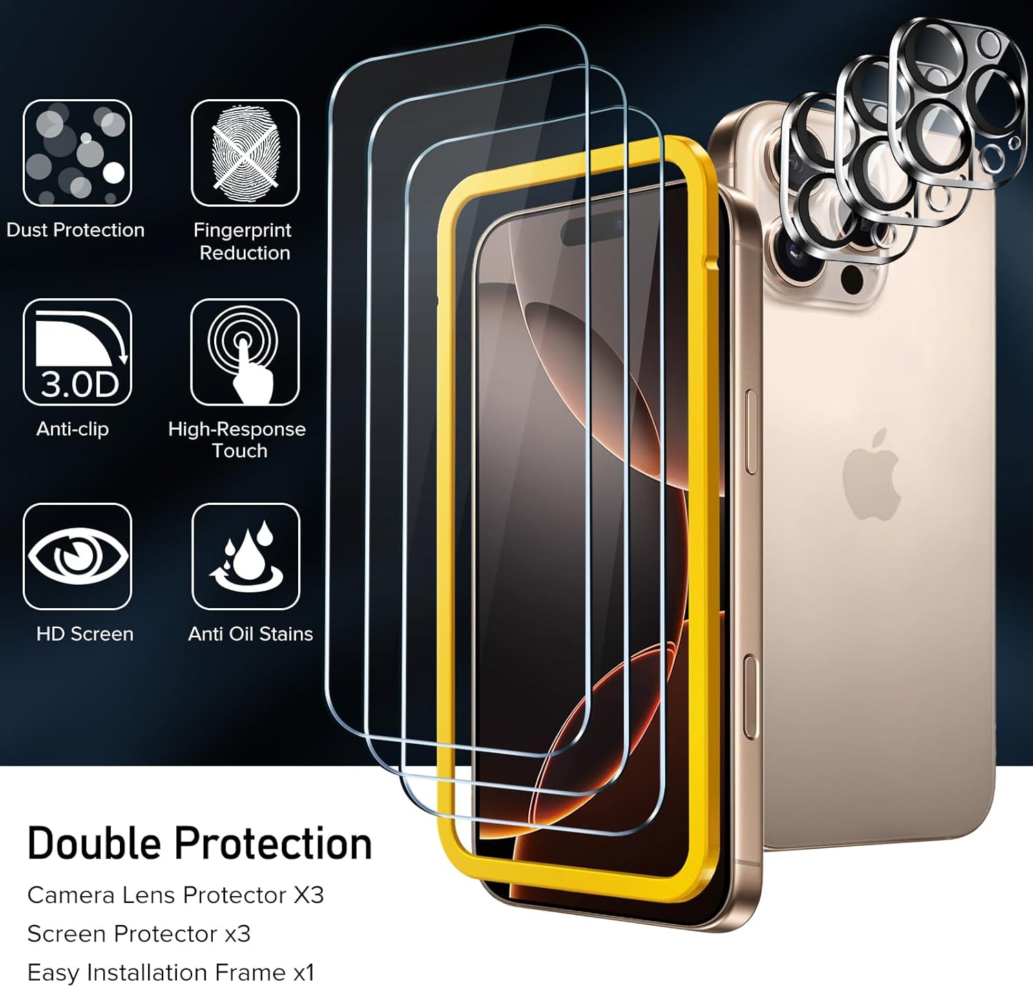 Thumbnail 2 de ivoler Alignment Aid Screen Protector for iPhone 16 Pro Max – 3 Tempered Glass Films + 3 Camera Lens Protectors with Alignment Aid