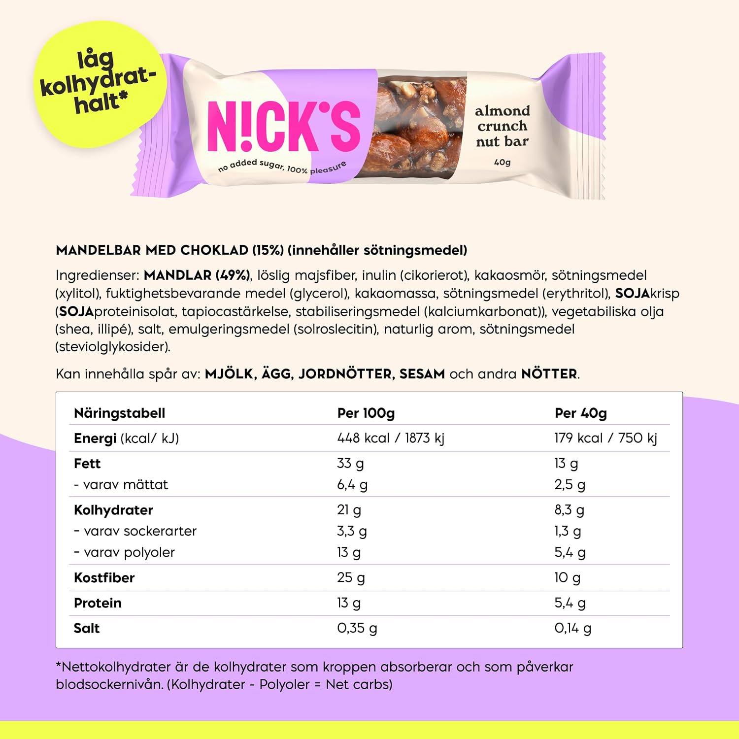 Detalle 2 de N!CK'S Almond crunch vegansk nötbar med 41 % mandel, ketochoklad och 12 x 40 g