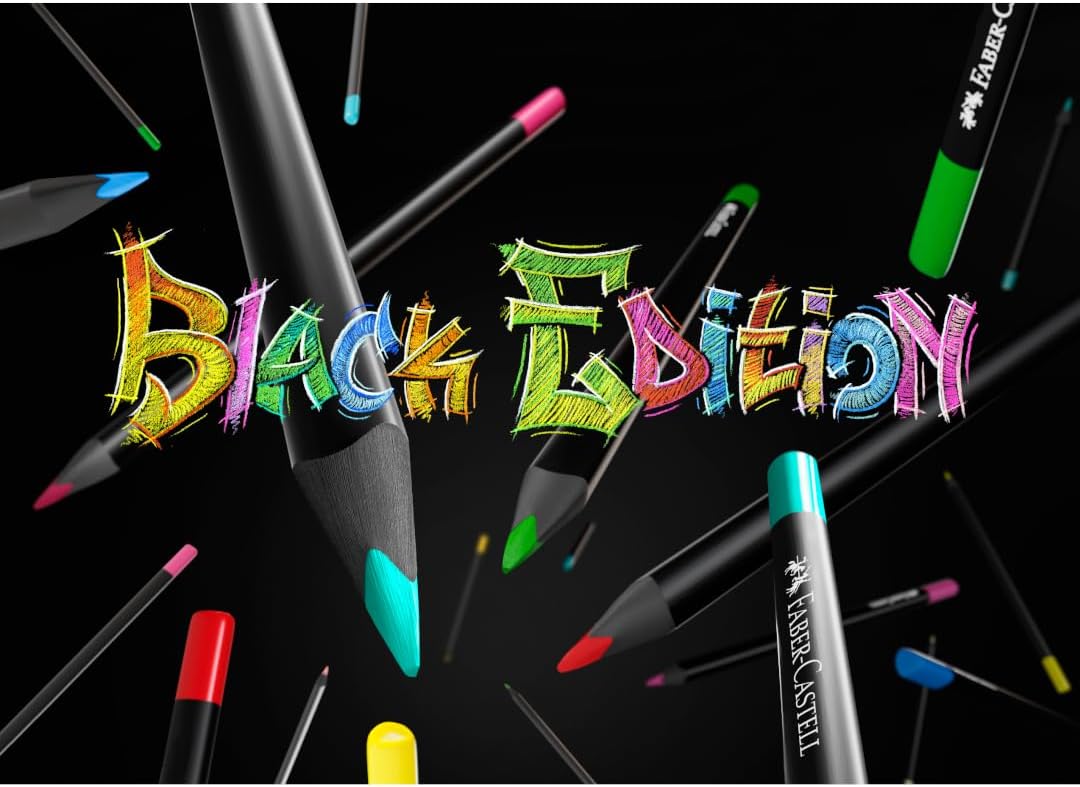 Detalle de Faber-Castell Black Edition 100-teiliges Buntstift-Set in Kartonbox – brillante Farben auf hellen und dunklen Papieren