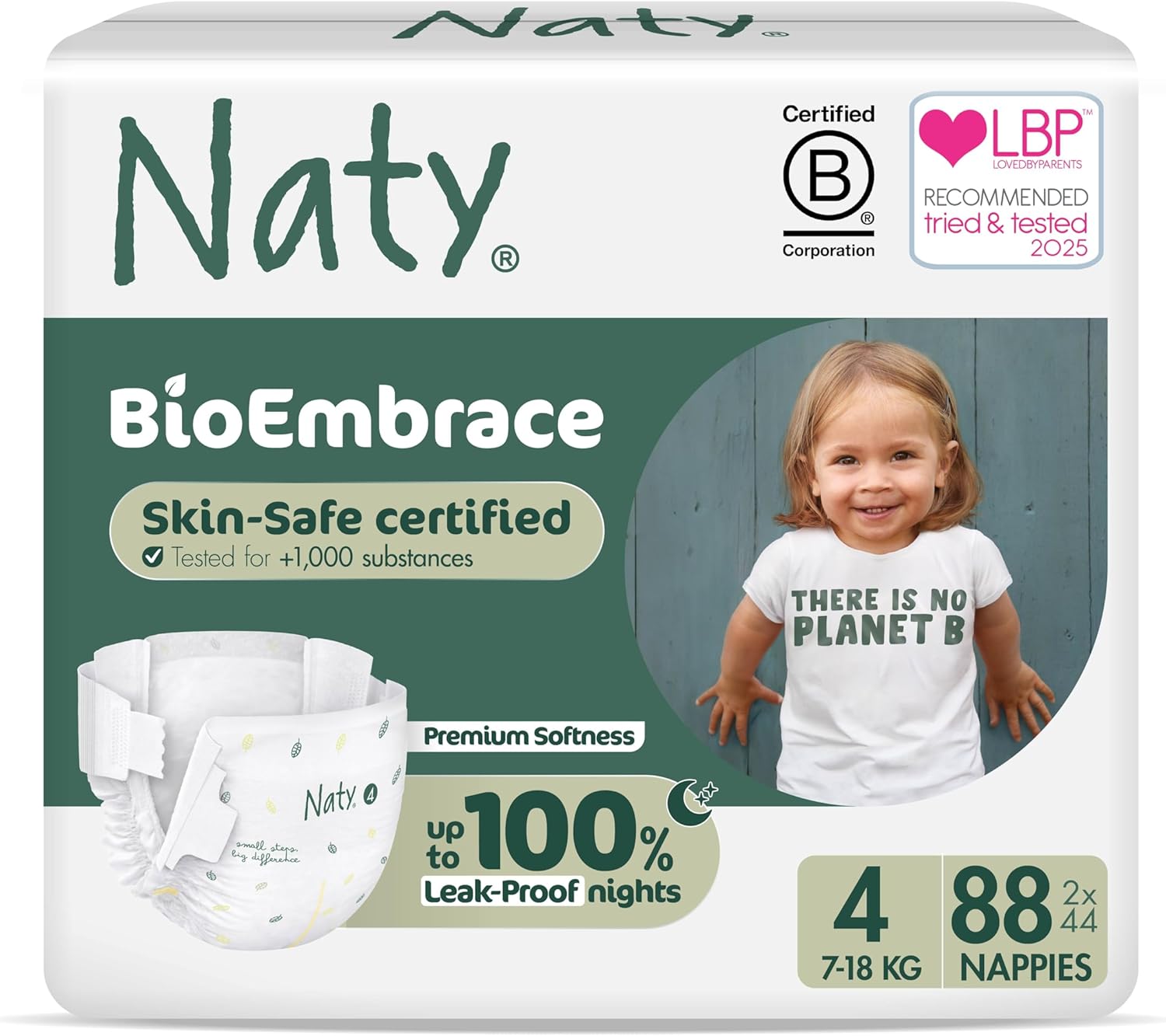 Detalle de Naty BioEmbrace Baby Nappies Size 4 (7–18kg), 88 Count – Plant-Based, Skin-Safe Leak Protection