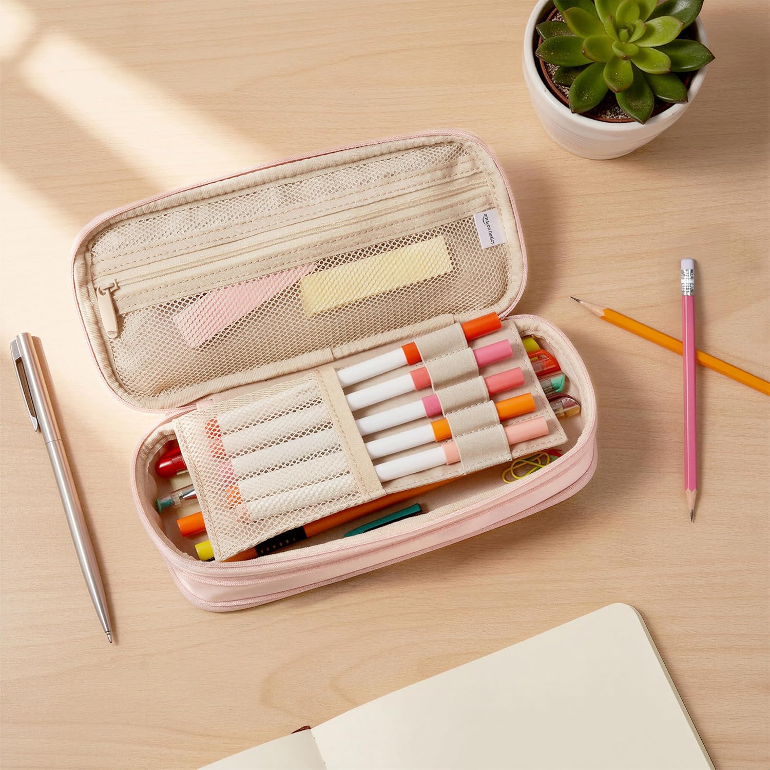 Detalle 2 de Amazon Basics Trousse multi-compartiments grande capacité Uni rose pale