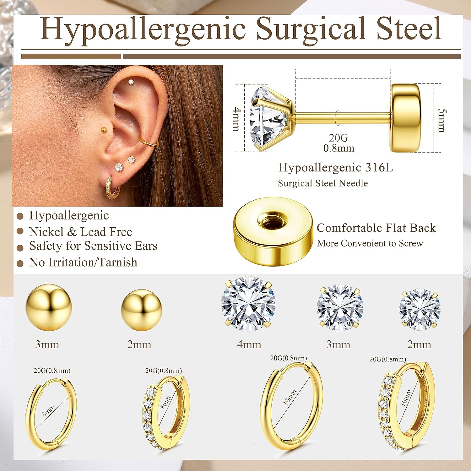 Thumbnail 6 de LOLIS 9-Paar Ohrringe Set – hypoallergen, 316L Chirurgenstahl, 14K Goldbeschichtung